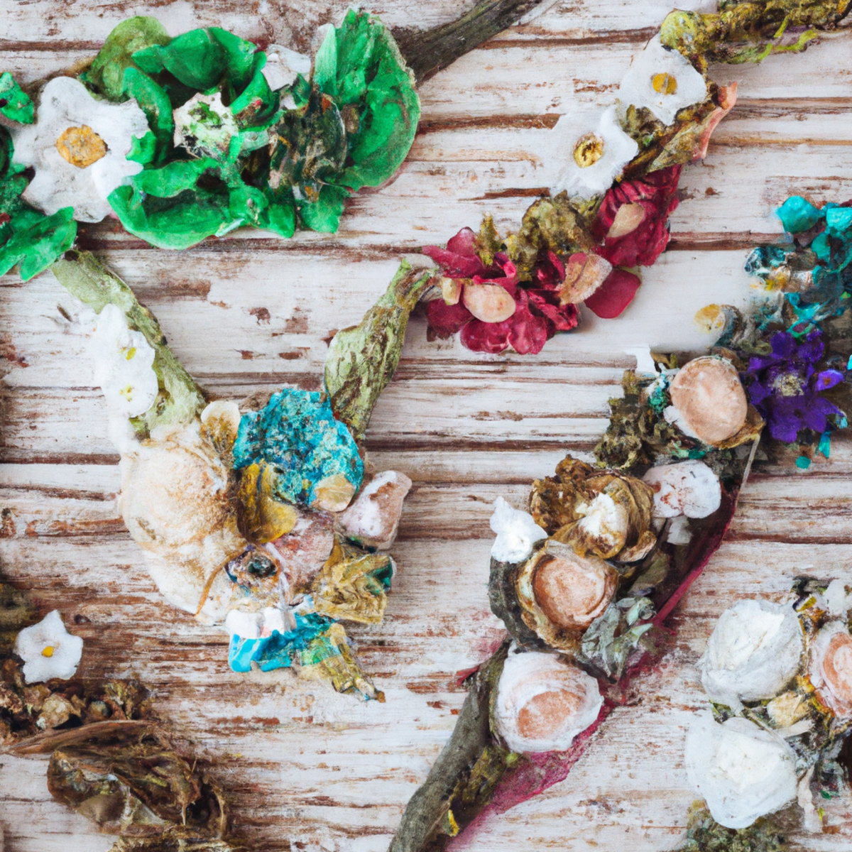 Vibrant boho hair flowers on rustic wood, showcasing intricate designs and colors. Soft lighting highlights textures and patterns.
