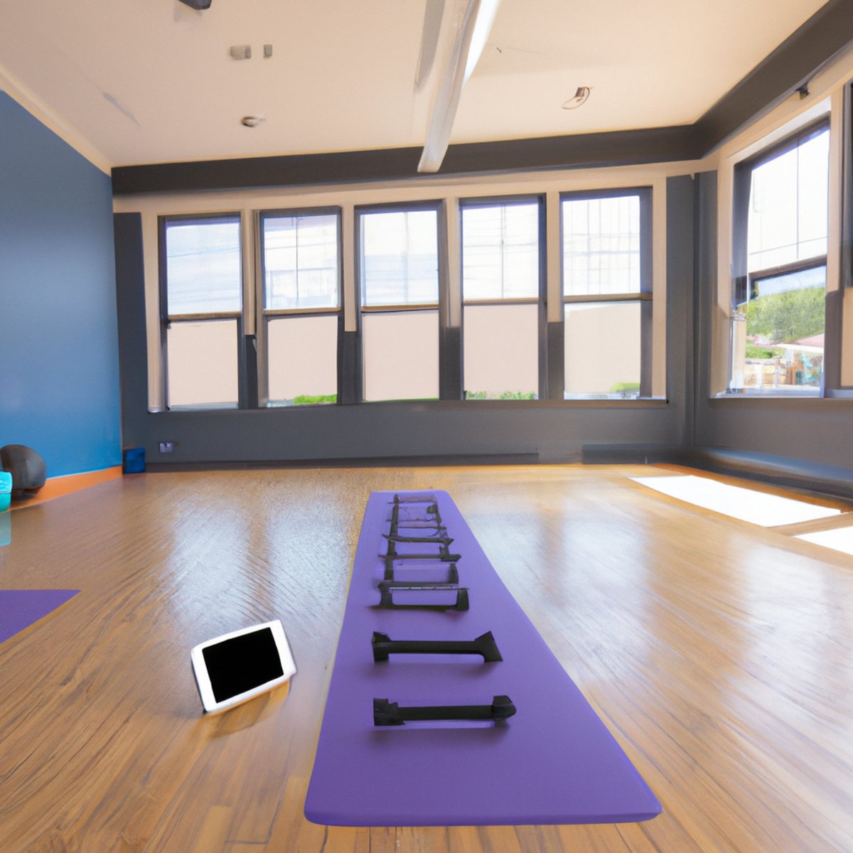 The photo shows a bright and spacious room with hardwood floors and large windows letting in natural light. In the center of the room, there is a yoga mat with a set of dumbbells and a resistance band nearby. On the wall, there is a mounted tablet displaying a virtual fitness class with an instructor leading a group of participants through a workout. The participants are shown on the screen, each in their own square, following along with the instructor's movements. In the foreground, there is a water bottle and a towel, indicating that the workout is intense and requires hydration and sweat management. The overall vibe of the photo is energetic and motivating, encouraging the viewer to try out virtual fitness classes to reach their fitness goals faster.