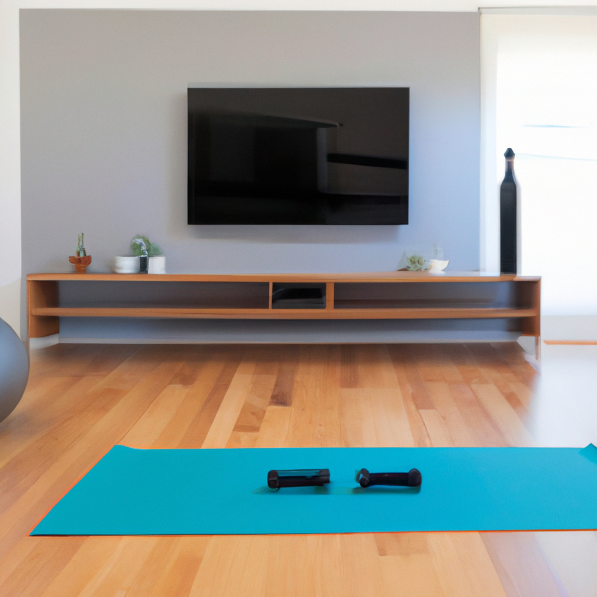 The photo shows a sleek and modern living room with a large flat-screen TV mounted on the wall. In front of the TV, there is a yoga mat with a set of weights and a resistance band neatly arranged on top. On the coffee table, there is a laptop and a water bottle, indicating that the person is ready to start their virtual fitness class. The room is filled with natural light, creating a calming and inviting atmosphere. The photo perfectly captures the convenience and accessibility of virtual fitness classes, allowing individuals to stay active and healthy despite their busy schedules.