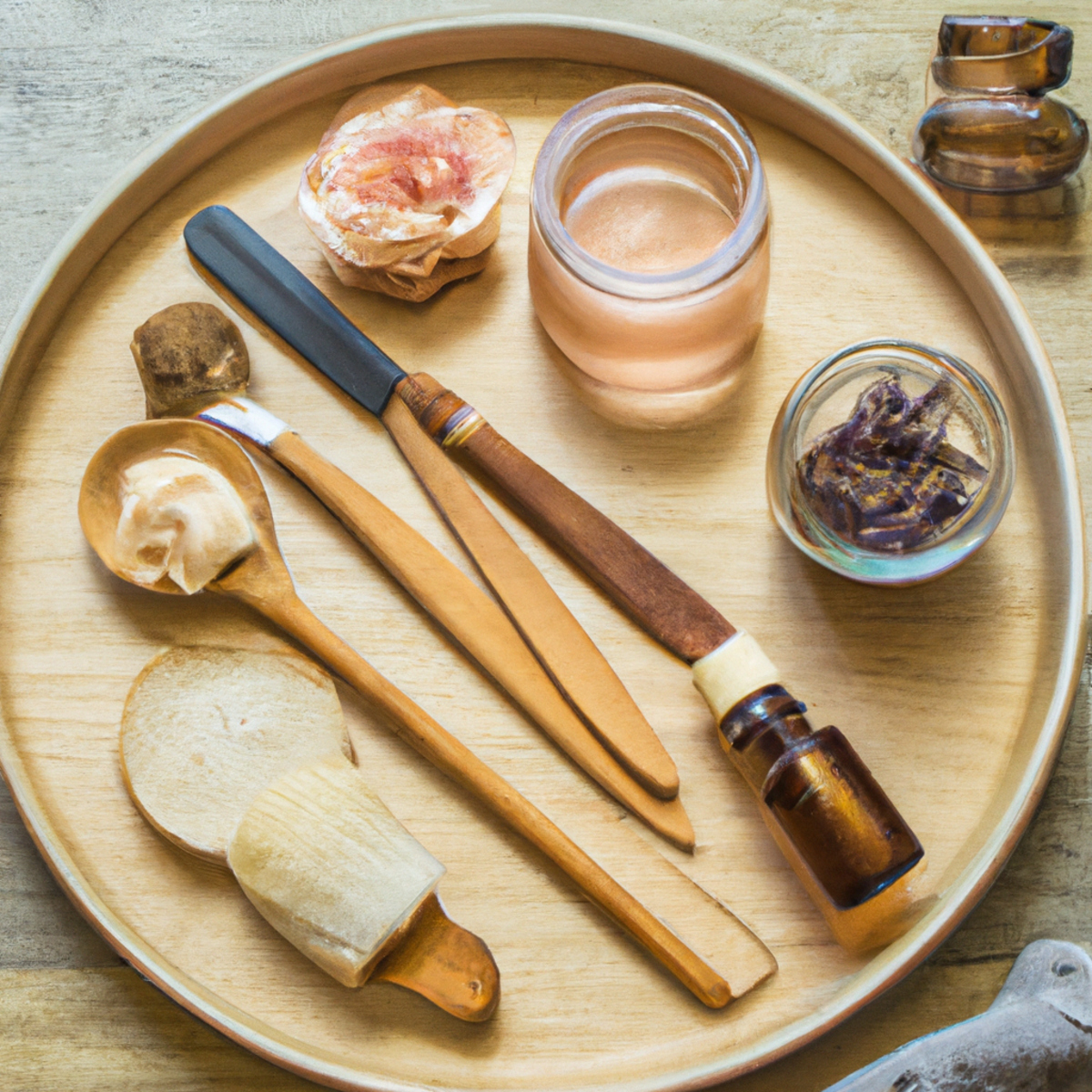 A wooden tray filled with natural skin care products, including coconut oil, rose water, honey, and lavender, with a warm and inviting aesthetic.