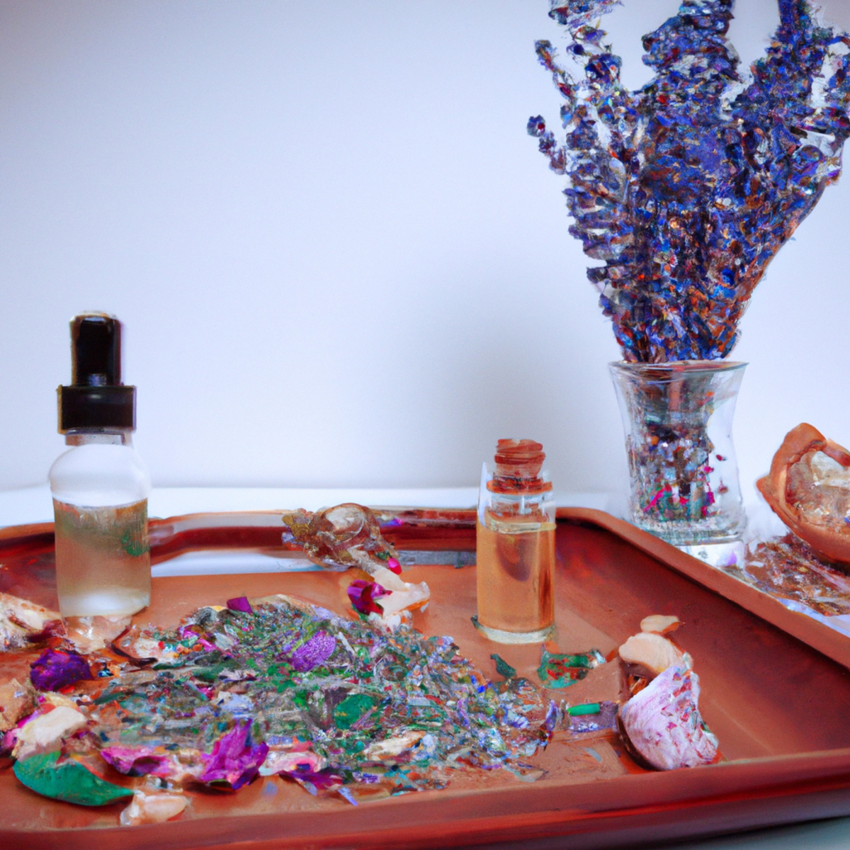 Aromatherapy tray with lavender oil, dried flowers, sage, rose petals, and diffuser emitting calming mist for stress relief.