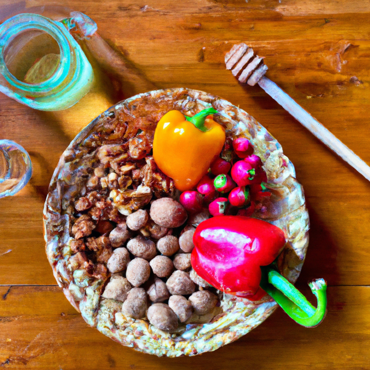 Natural Stress Relief - A balanced and healthy diet with colorful fruits and veggies, nuts, and honey on a wooden table.