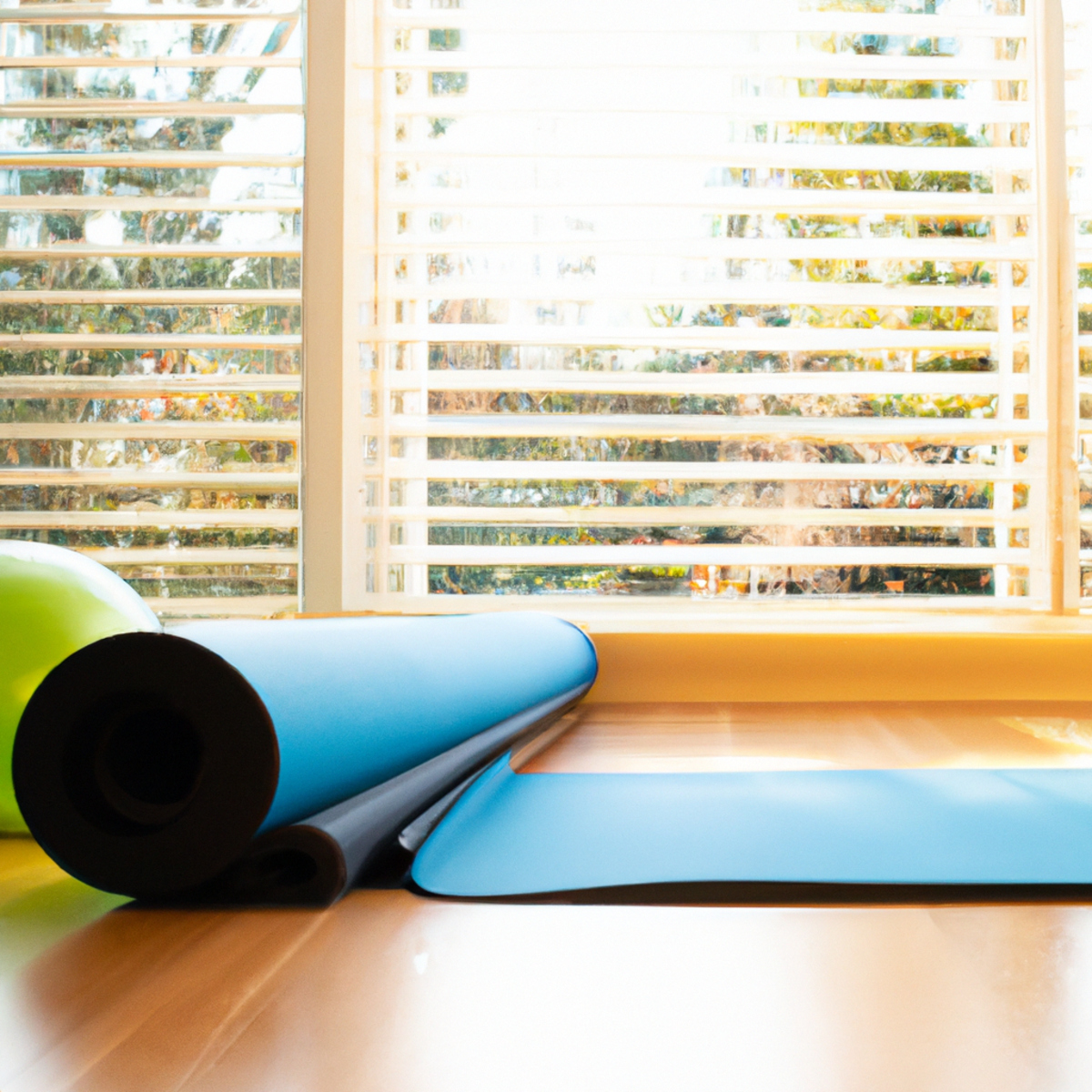 The photo features a yoga mat rolled out on a hardwood floor, with a pair of Pilates balls and a resistance band placed neatly beside it. In the background, a large window lets in natural light, illuminating the serene space. The scene is inviting and peaceful, encouraging readers to take a moment to focus on their physical and mental well-being.