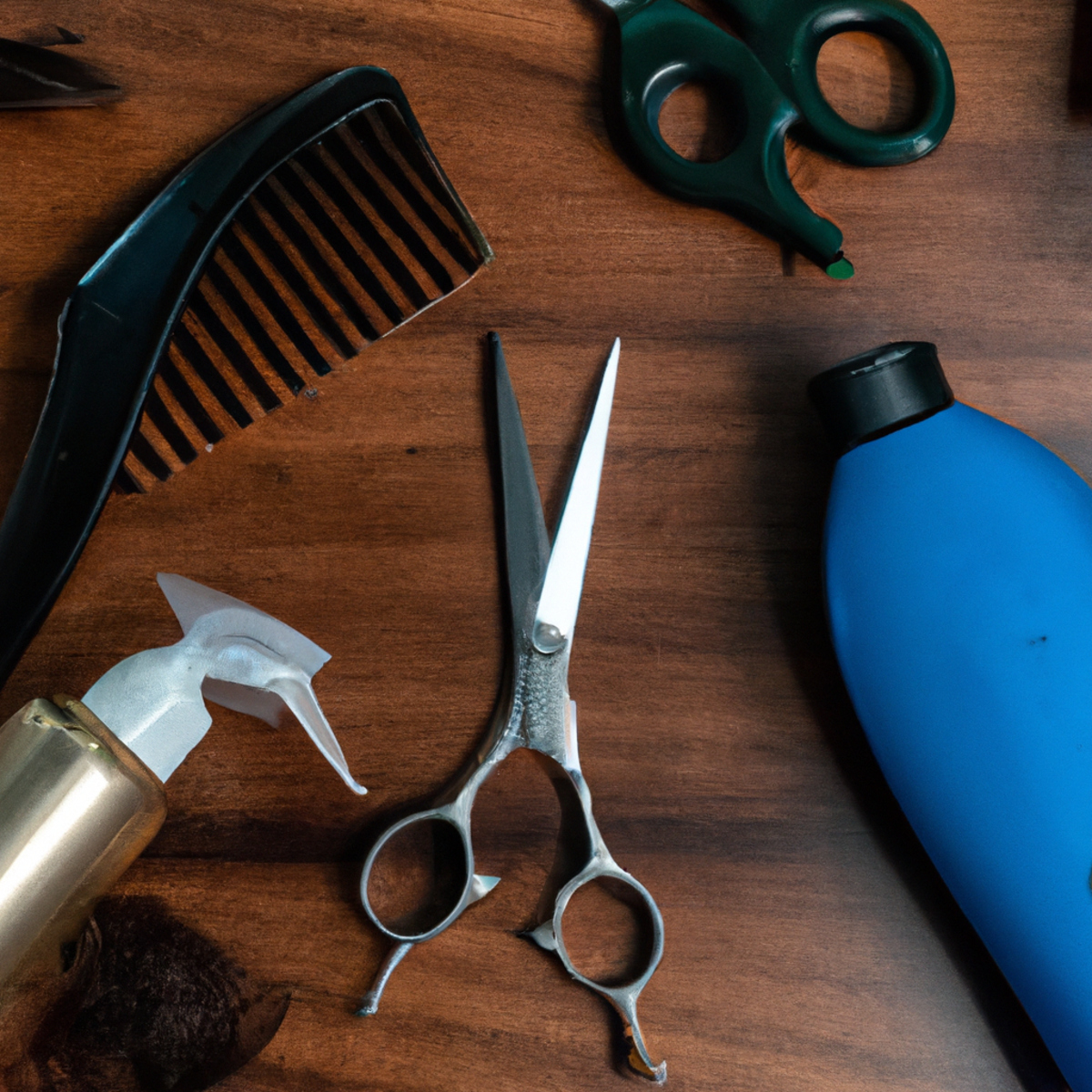 Hair care essentials on wooden table with scissors, comb, brush, hair oil, mask, dryer, and curling iron.