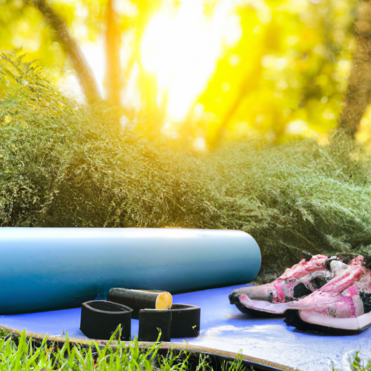 The photo captures a serene outdoor setting with a lush green backdrop. In the foreground, there are various fitness objects scattered around, including a yoga mat, resistance bands, and a foam roller. A pair of running shoes is placed next to the mat, indicating the start of a workout. The sun is shining brightly, casting a warm glow over the scene. The photo perfectly encapsulates the essence of outdoor fitness, encouraging runners to take their training outside and enjoy the natural surroundings.