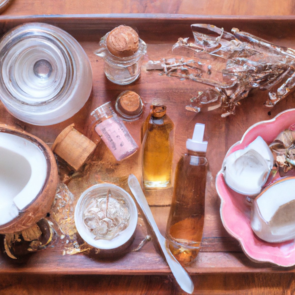 Indulge in a little self-care with these natural skin care routines that will leave you feeling as radiant as the glow of this beautifully arranged tray of coconut oil, rose water, honey, and lavender.