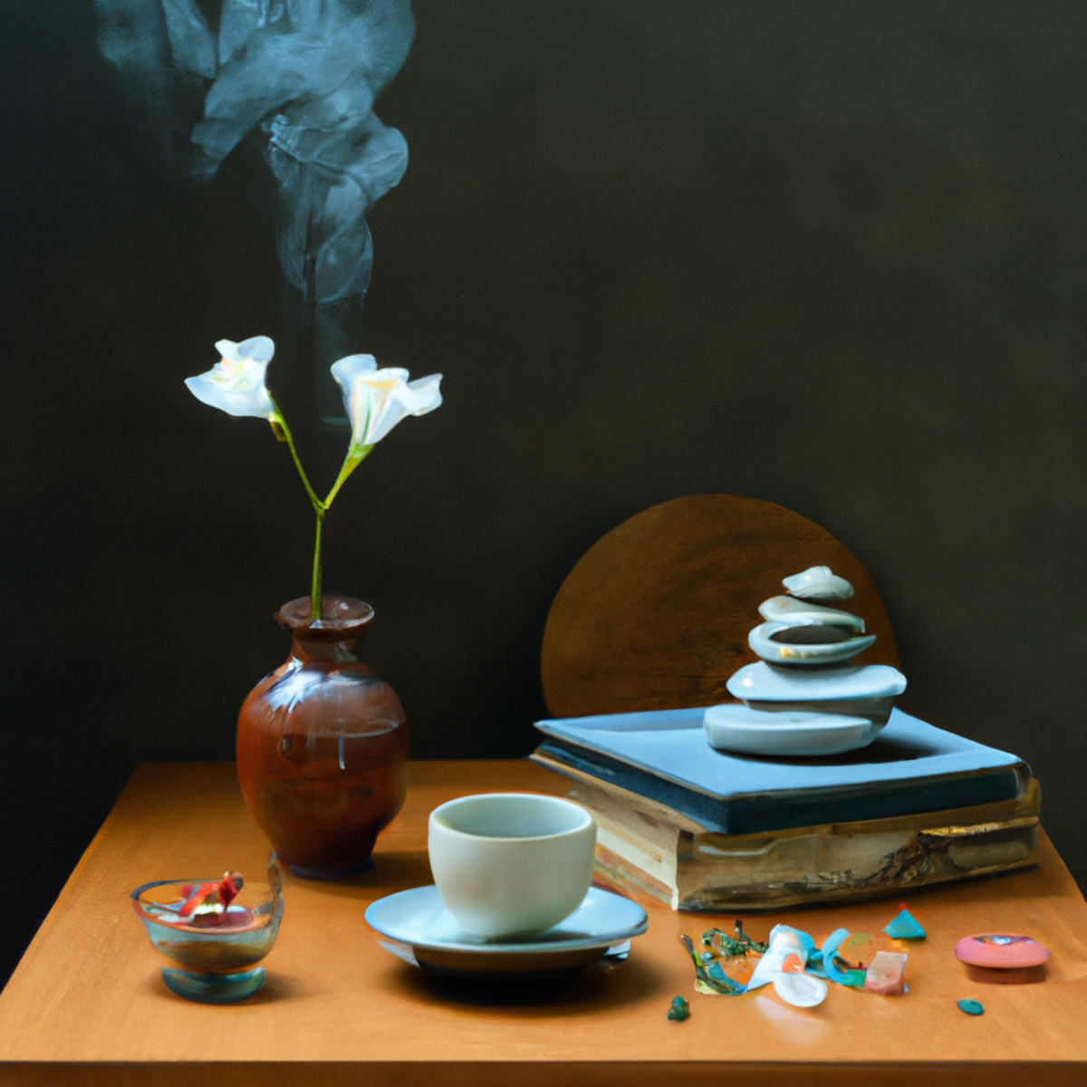 Serene wooden table with books, tea, vase, stones, and figurine, bathed in warm natural light.