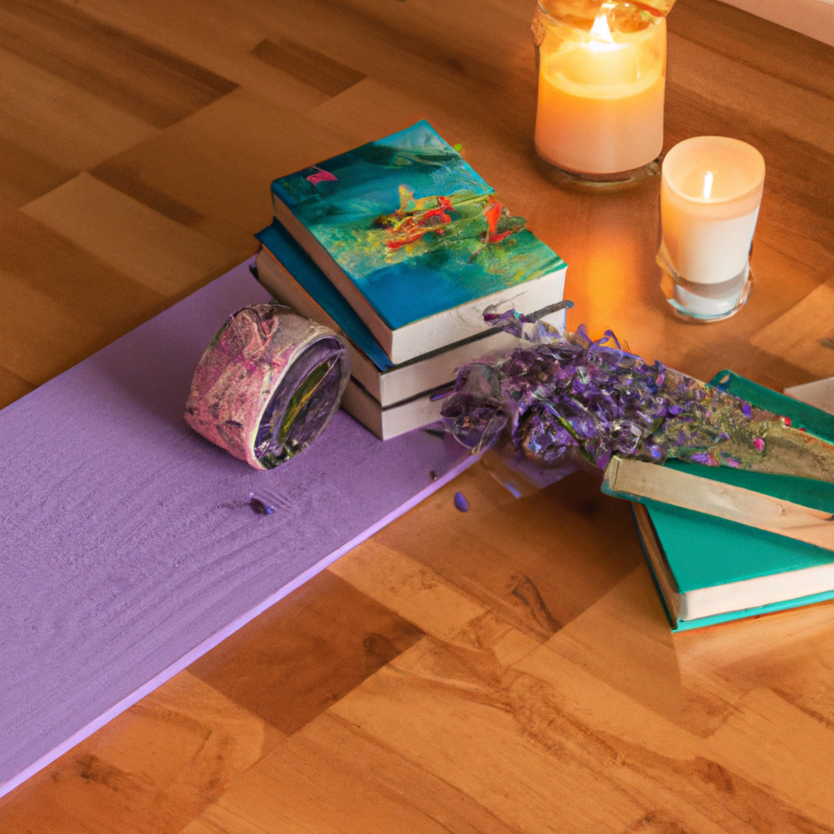Yoga mat with meditation cushion, books, candle, flowers, and more. A calming scene promoting relaxation and stress relief.