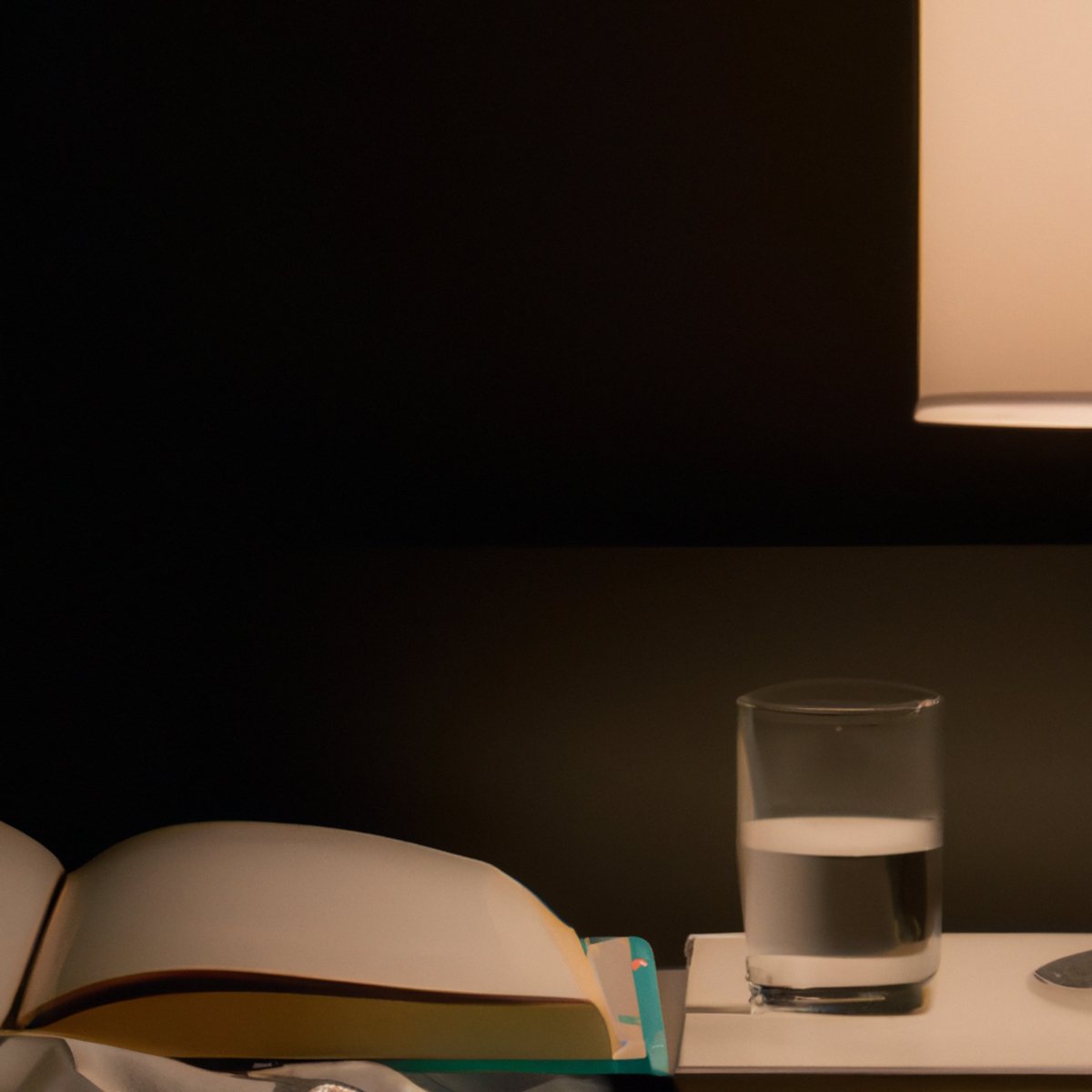 Stress management tips for busy professionals - Nightstand with book, lamp, and half-full glass of water. Calm and relaxed atmosphere suggests quality sleep despite busy schedule.