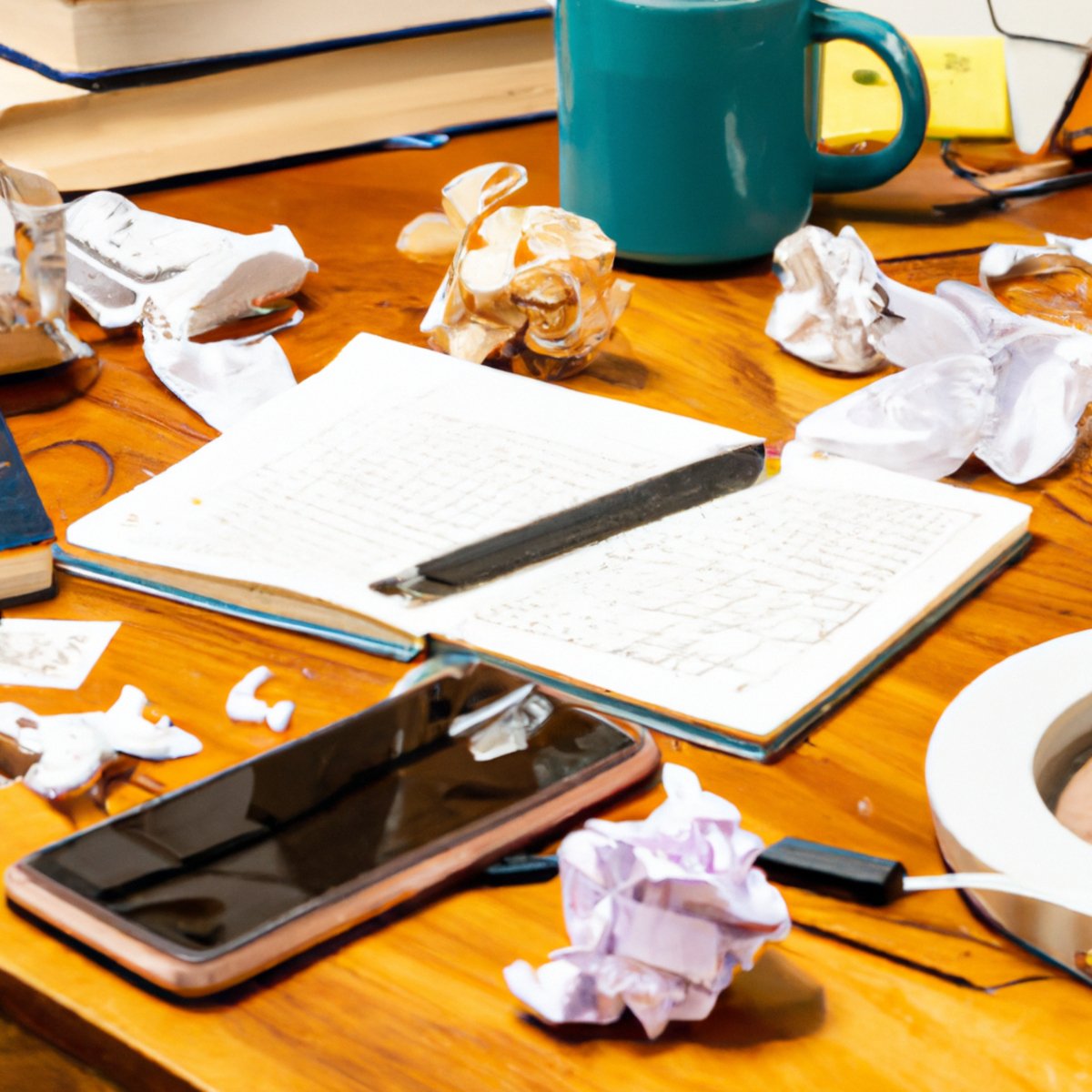 Stress management techniques - Cluttered desk with open notebook, coffee mug, crumpled papers, tangled charger, overflowing bookshelf - visual of mental clutter.
