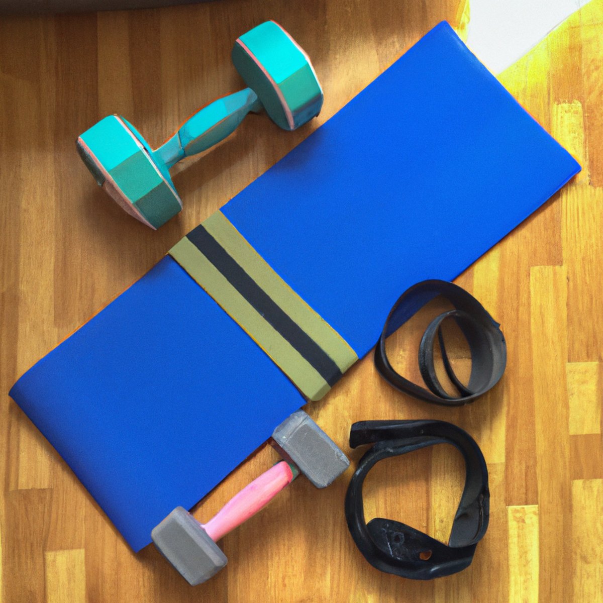 The photo captures a set of dumbbells, a resistance band, and a yoga mat arranged neatly on a wooden floor, ideal for Senior Exercises and Fitness. The dumbbells are of different weights, ranging from light to heavy, and are placed on either side of the resistance band. The band is stretched out in a straight line, ready to be used for exercises that require resistance. The yoga mat is rolled up and placed next to the equipment, indicating that it can be used for floor exercises. The lighting in the photo is bright and natural, highlighting the texture of the wooden floor and the details of the equipment. The overall impression is one of simplicity and accessibility, suggesting that seniors can use these objects to maintain their strength and mobility through targeted exercises and fitness routines.