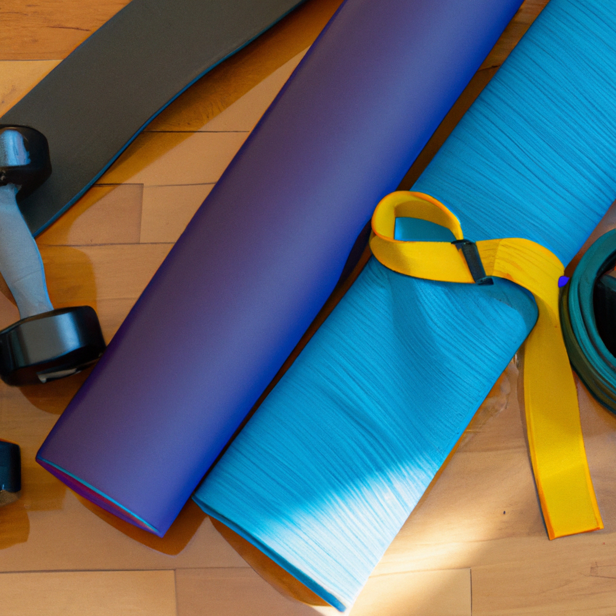 The photo shows a set of dumbbells, a resistance band, and a yoga mat arranged neatly on a wooden floor. The dumbbells are of different weights, ranging from light to heavy, and are placed on either side of the resistance band. The band is stretched out in the middle, forming a loop. The yoga mat is rolled up and placed next to the dumbbells. The lighting in the photo is bright and natural, highlighting the texture of the wooden floor and the shiny surface of the dumbbells. The composition of the photo suggests that these objects are essential tools for resistance training and invites the reader to explore the benefits of this type of exercise.