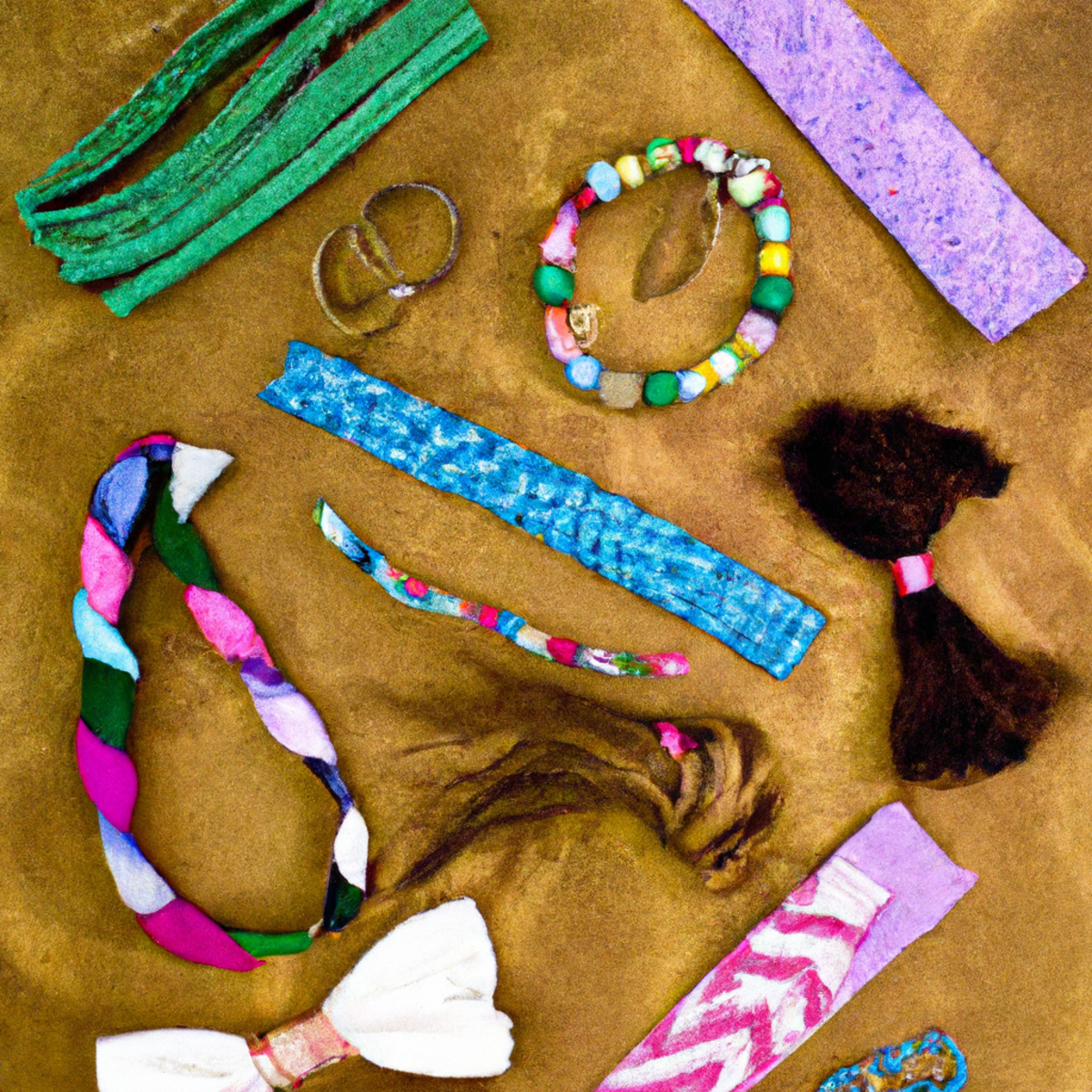 Vibrant eco-friendly hair accessories: sustainable hair ties and bands in playful colors and patterns, elegantly displayed.