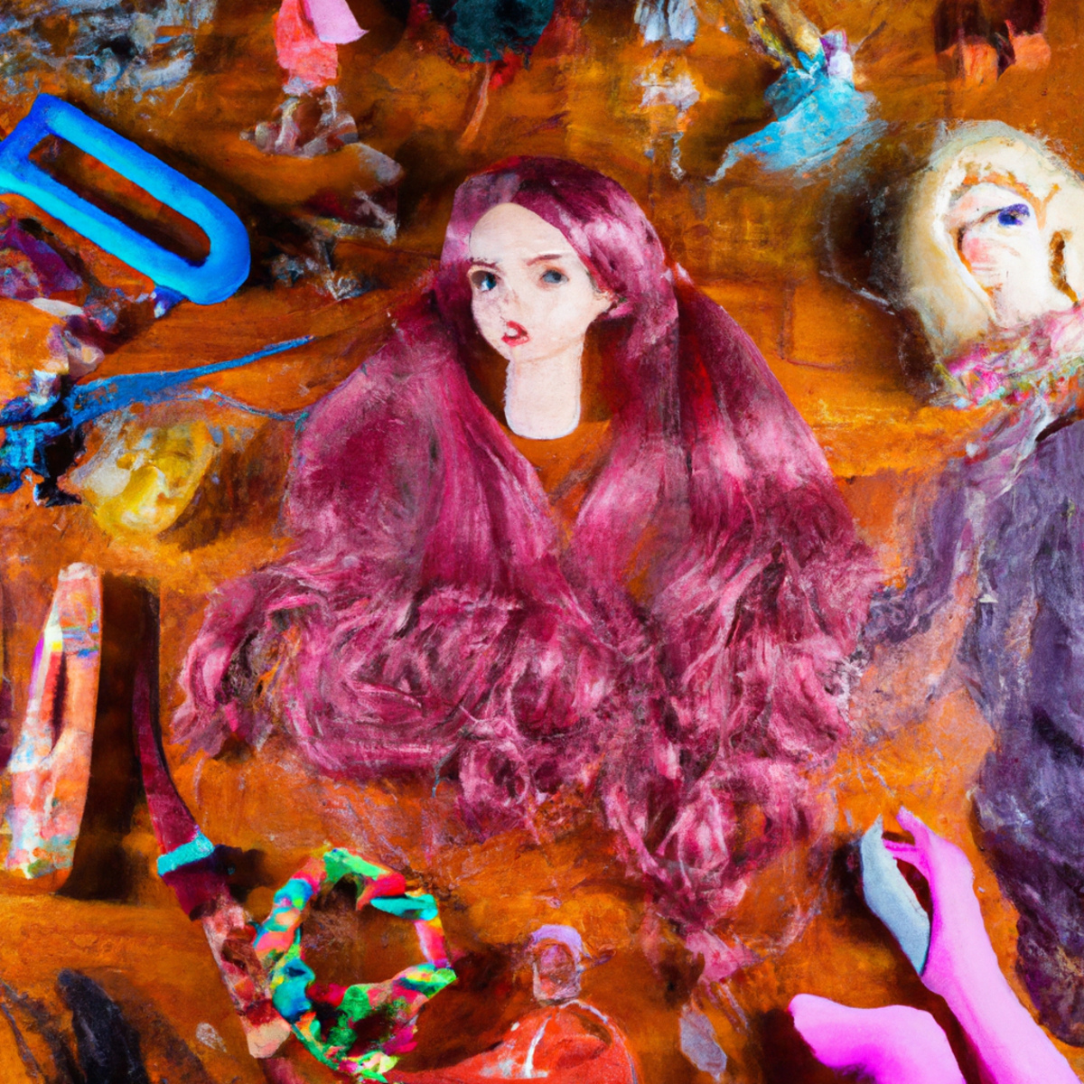 A table with hair accessories, colorful extensions, and a braided mannequin head, showcasing a trending hairstyle for 2023.