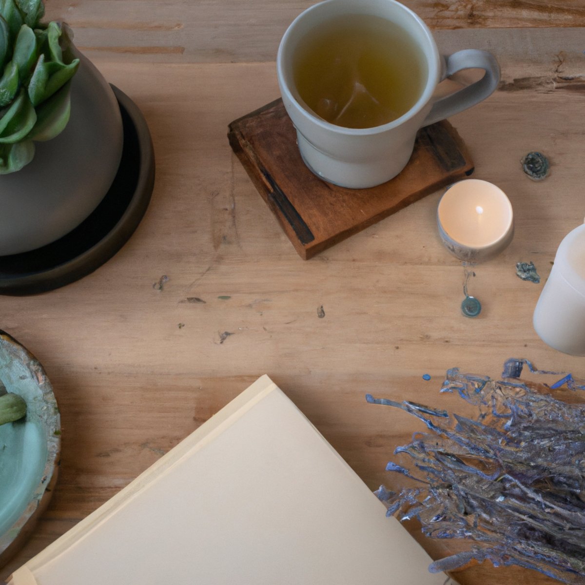 A calming scene of a wooden table with tea, book, succulent, and candle, inviting self-care and stress relief.