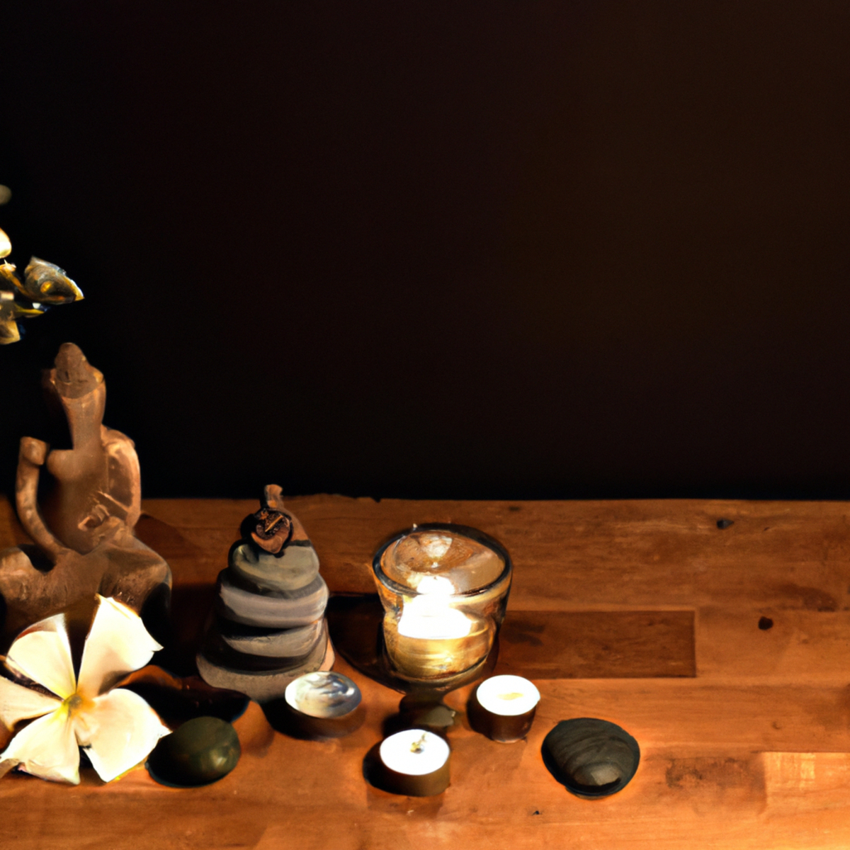 The photo features a serene scene of a wooden table with various objects arranged in a thoughtful manner. In the center of the table, there is a small Buddha statue, surrounded by a few smooth stones and a small vase of fresh flowers. To the left of the statue, there is a lit candle, casting a warm glow over the scene. On the right side of the table, there is a small notebook and pen, inviting the viewer to take notes or reflect on their own meditation practice. The overall effect is one of calm and peacefulness, inviting the viewer to take a moment to cultivate compassion and kindness in their own life.