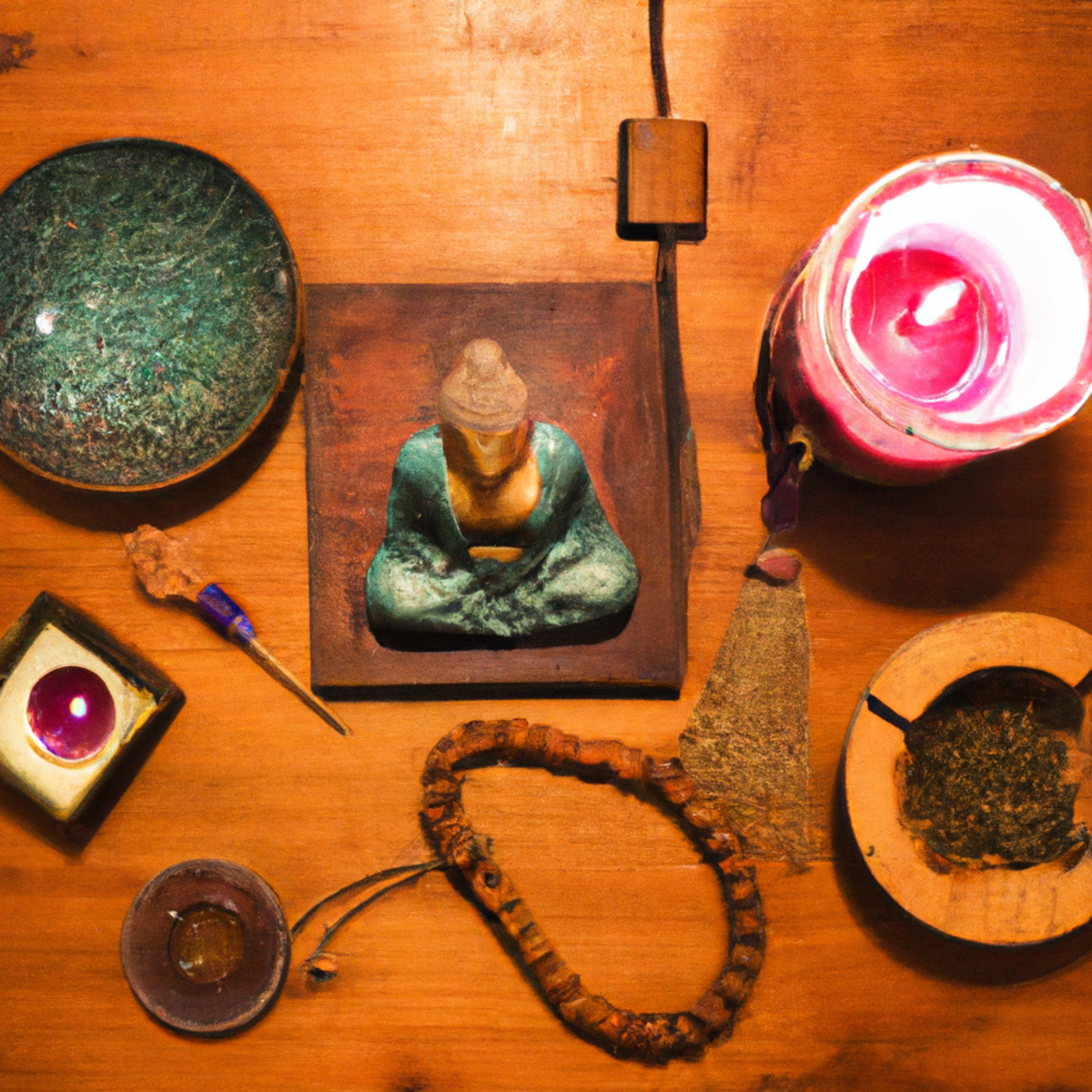 The photo features a wooden table with a small Buddha statue placed in the center. Surrounding the statue are various meditation objects, including a set of prayer beads, a small incense burner, and a meditation cushion. The soft glow of a candle illuminates the scene, creating a peaceful and calming atmosphere. The natural wood grain of the table adds to the organic and grounding feel of the photo. Overall, the image invites the viewer to take a moment to pause and find their own sense of inner peace and focus.