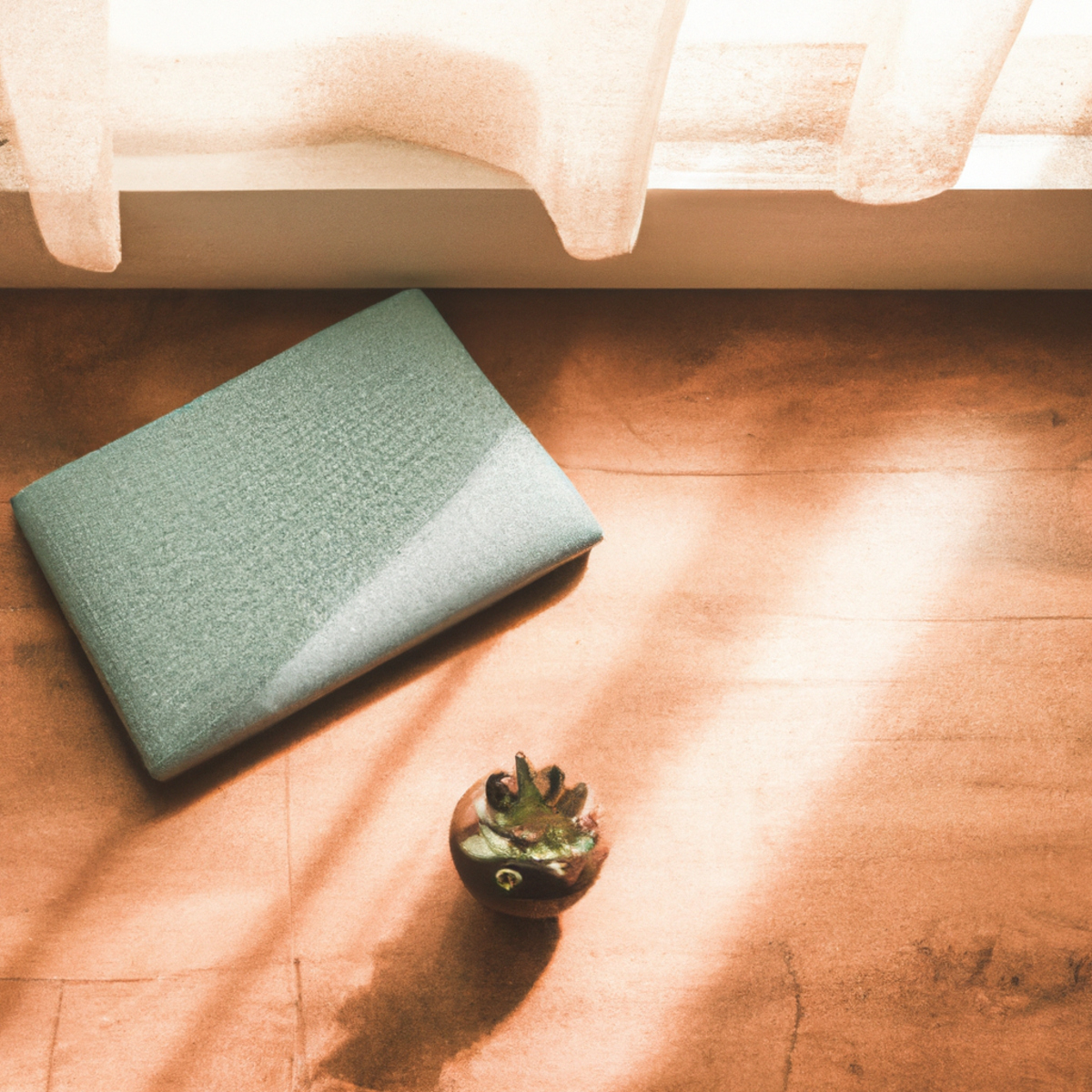 The photo features a serene scene with a yoga mat, a meditation cushion, and a small plant placed on a wooden floor. The soft natural light coming from the window creates a calming atmosphere, inviting the viewer to take a moment to pause and breathe. The muted colors of the objects blend harmoniously, emphasizing the simplicity and peacefulness of the meditation practice. The composition of the photo is balanced, with the yoga mat and cushion placed in the foreground, and the plant adding a touch of nature in the background. Overall, the photo captures the essence of the article, promoting the benefits of meditation as a way to overcome workout burnout.