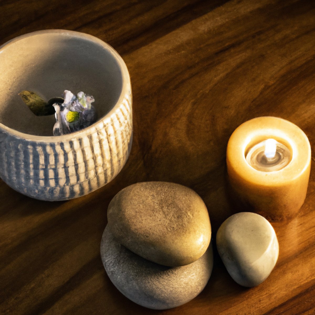 The photo features a wooden table with a white ceramic bowl filled with smooth stones, a small vase with a single flower, and a lit candle. The objects are arranged in a calming and balanced manner, inviting the viewer to take a moment to pause and reflect. The soft lighting and natural textures of the objects create a peaceful atmosphere, perfectly complementing the article's focus on quick and easy meditation exercises for a busy lifestyle.