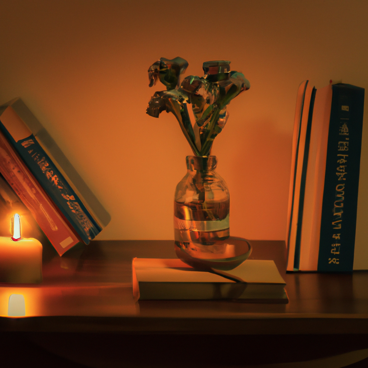The photo shows a wooden table with a small vase of flowers in the center. On one side of the vase, there is a stack of books with a bookmark sticking out of the top one. On the other side, there is a candle in a glass jar, with a lit flame casting a warm glow on the table. In the background, there is a window with sunlight streaming in, creating a peaceful and calming atmosphere. The objects on the table suggest a serene and focused environment, perfect for practicing meditation exercises to clear the mind and improve memory.
