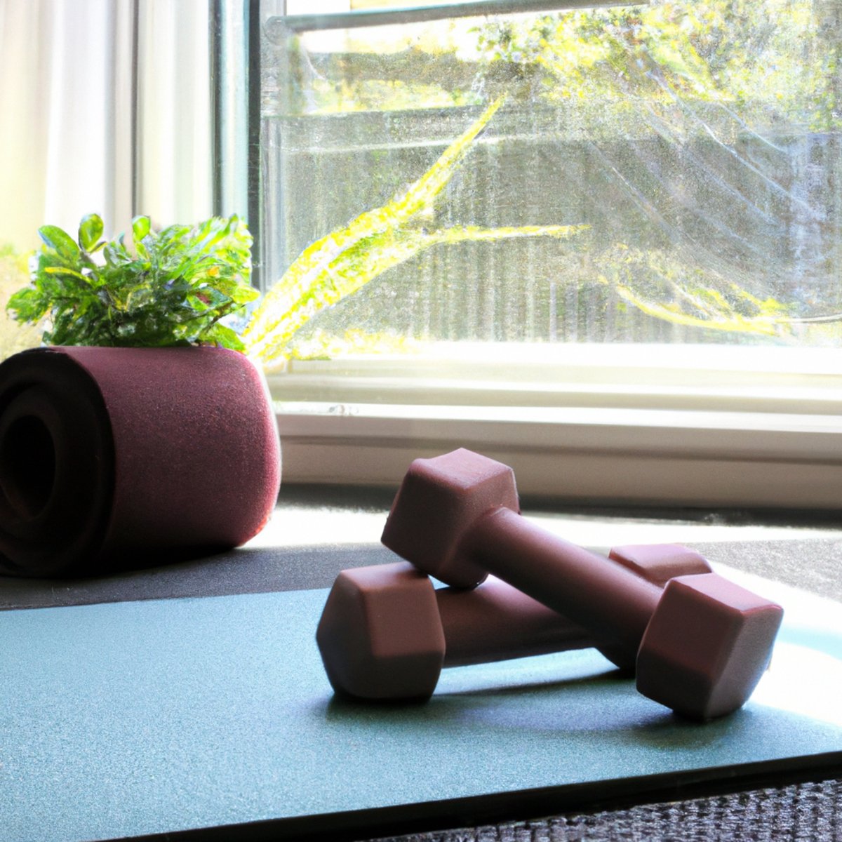 The photo features a yoga mat spread out on the floor with a pair of dumbbells resting on it. In the background, a small plant sits on a windowsill, adding a touch of greenery to the scene. A meditation cushion is placed next to the mat, inviting the viewer to take a moment to center themselves before beginning their workout. The lighting is soft and natural, creating a calming atmosphere that complements the article's focus on incorporating mindfulness into fitness routines.