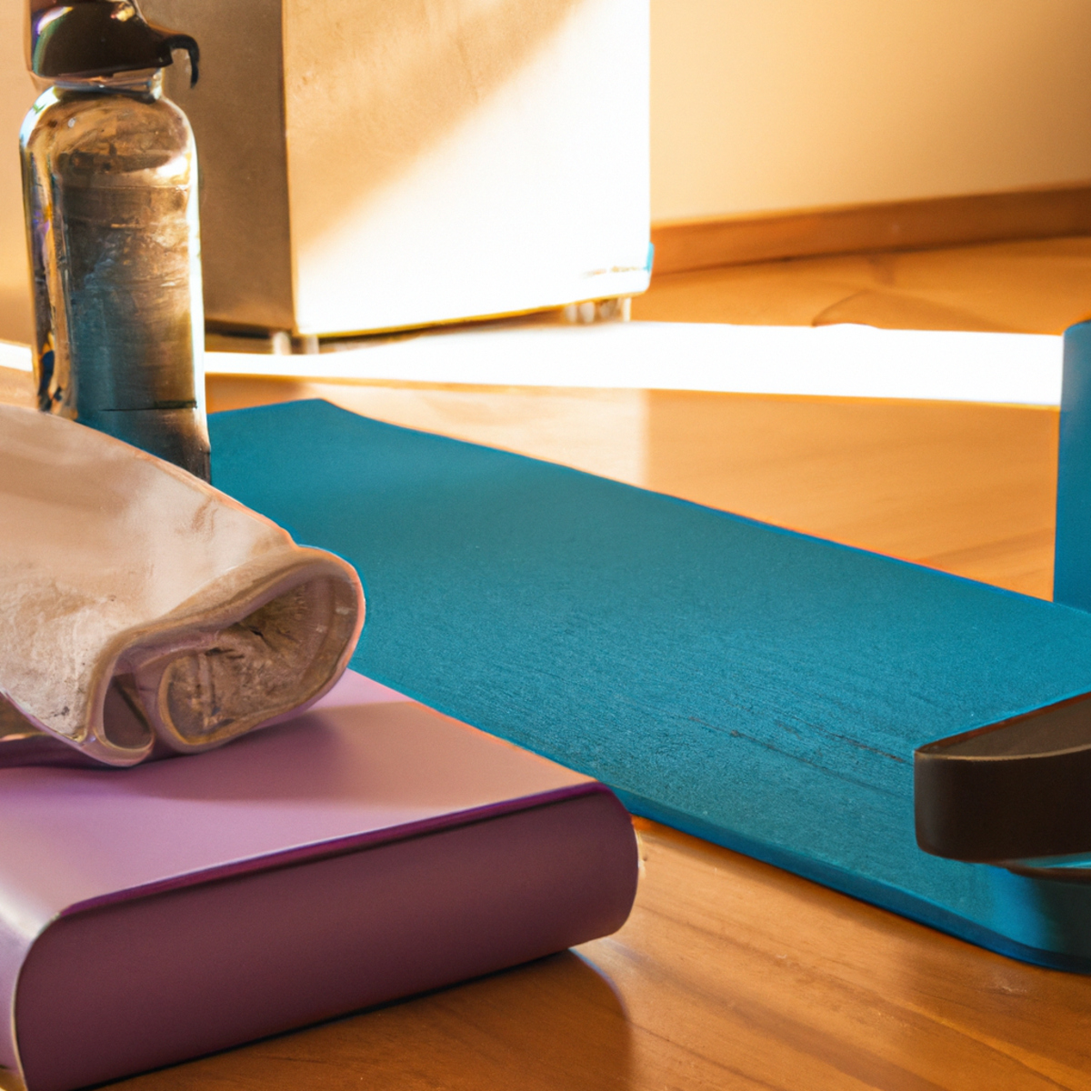 The photo captures a serene scene of a yoga mat laid out on a wooden floor, surrounded by various objects. A water bottle and towel sit to the side, while a yoga block and strap are placed nearby. In the background, a Pilates reformer machine can be seen, adding to the variety of non-impact exercise options available. The lighting is soft and natural, creating a calming atmosphere that encourages relaxation and focus. Overall, the photo perfectly encapsulates the essence of yoga and Pilates as gentle, yet effective forms of exercise suitable for all ages.