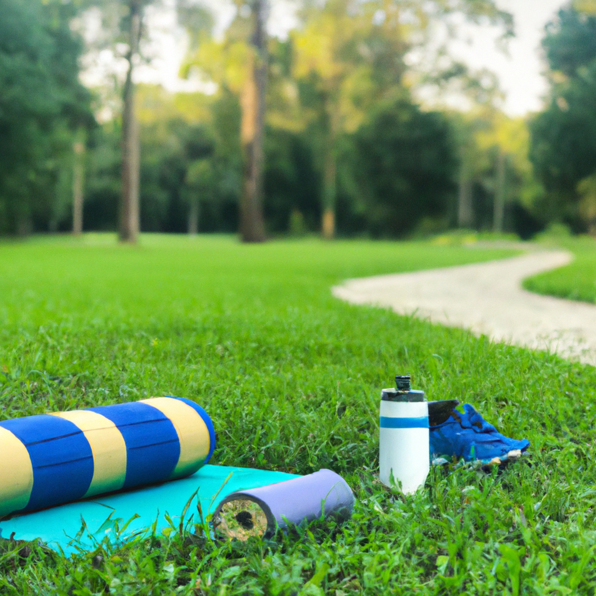 The photo captures a serene scene of a lush green park with a winding path leading into the distance. In the foreground, there is a yoga mat laid out on the grass with a water bottle and a pair of running shoes placed neatly beside it. A set of resistance bands and a foam roller are also visible, suggesting a well-rounded workout routine. The natural light filtering through the trees creates a warm and inviting atmosphere, inviting the viewer to step into the picture and experience the mental and physical benefits of outdoor fitness.