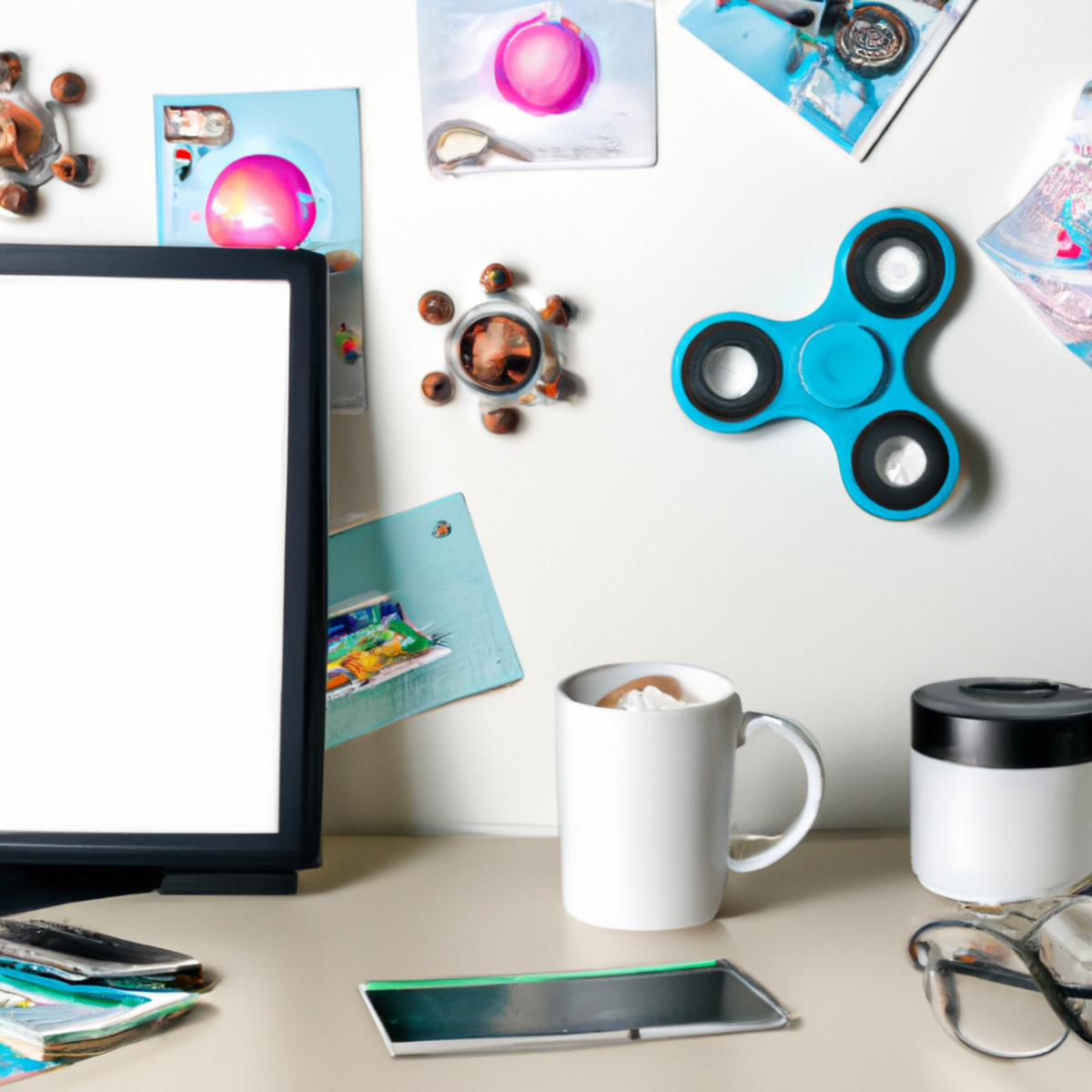 Cluttered desk with coffee mug, papers, computer, stress ball, fidget spinner, and beach photo. Suggests need for stress management.