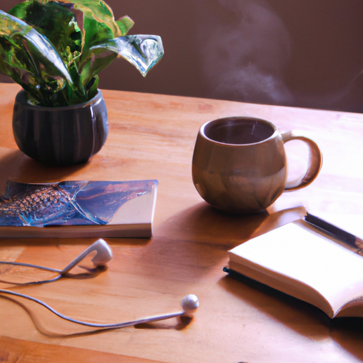 Mindfulness For Stress Reduction - Cozy desk setup with tea, journal, and plant, promoting daily stress management and connection with nature.