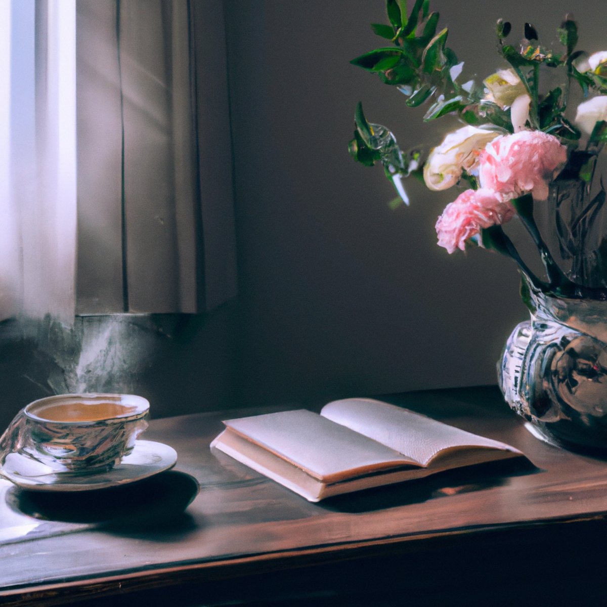 Mindfulness For Stress Reduction - A serene scene of a wooden table with tea, a book, and flowers, illuminated by warm light, exuding calmness.
