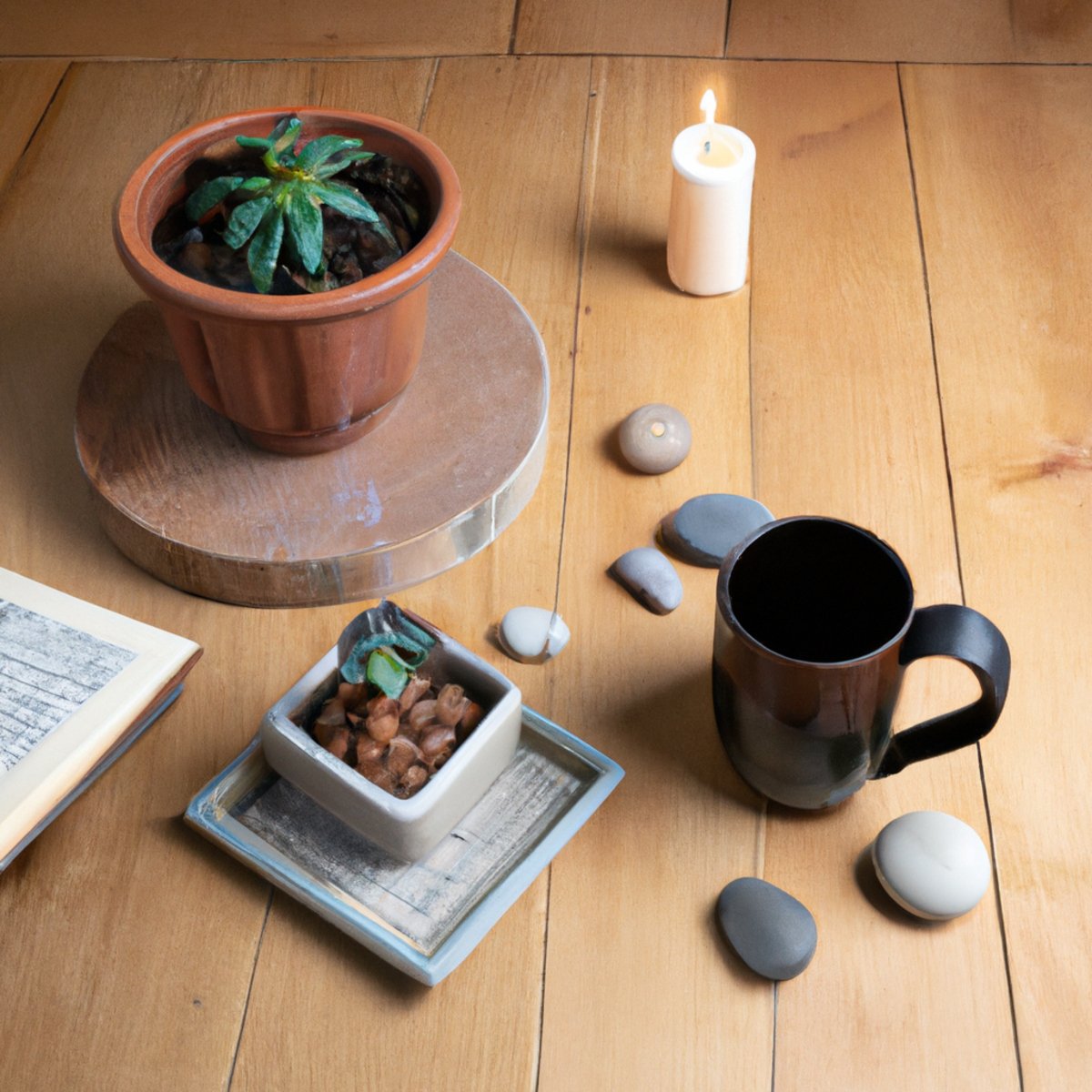 Mindful scene with succulent, tea, book, and candle.