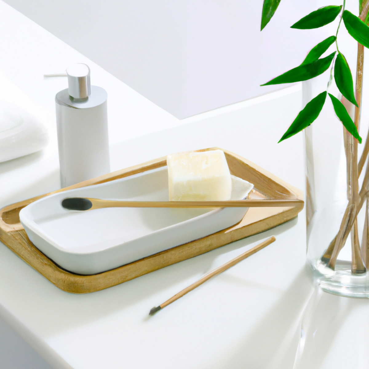 A serene bathroom countertop with sustainable beauty products, showcasing nature and modern aesthetics.