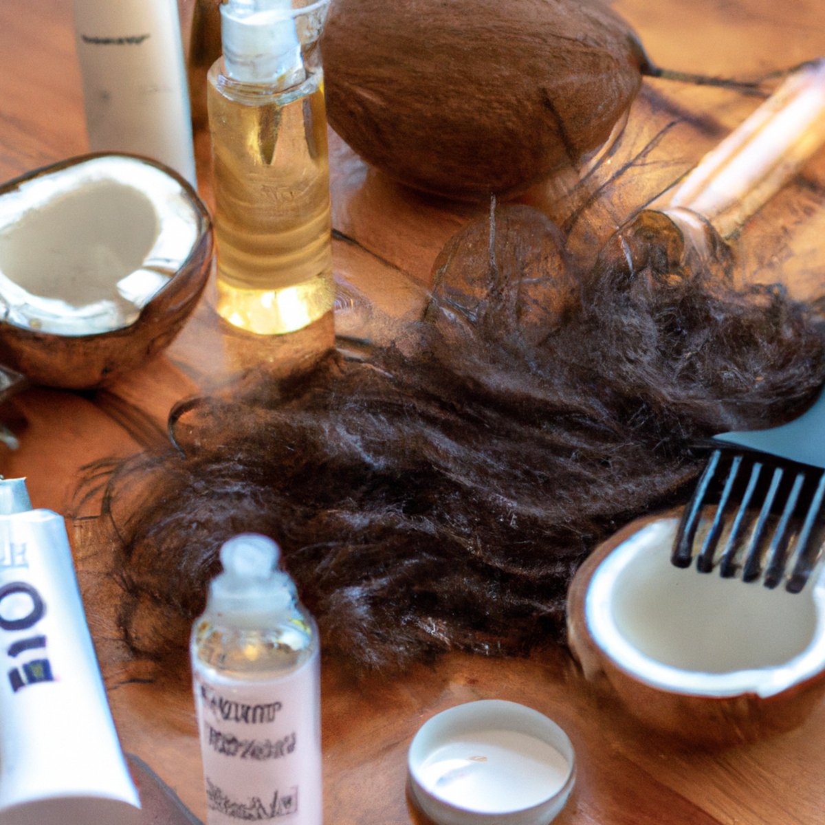 Curly hair care essentials on a wooden table with a model applying a hair mask in the background.