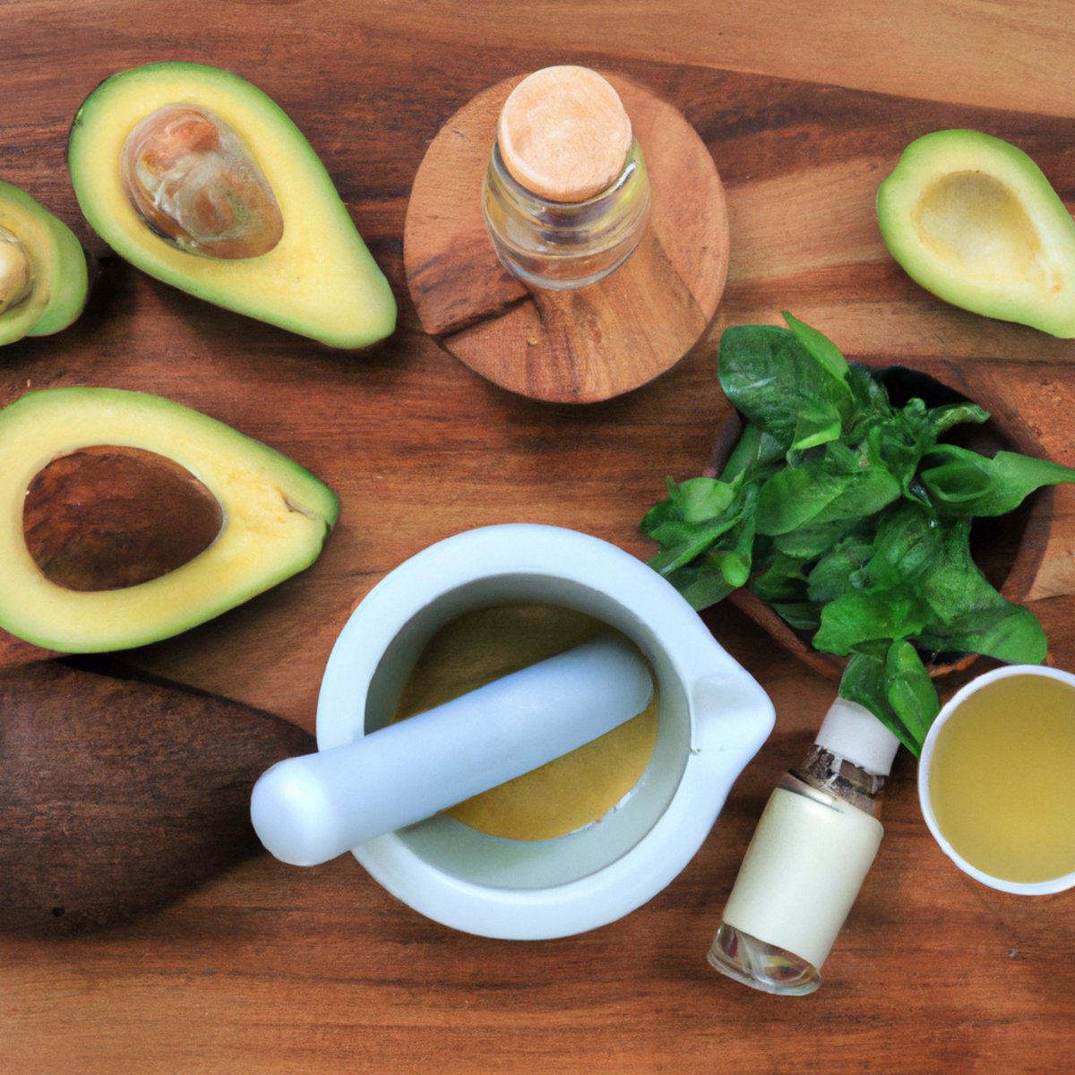 Haircare for curly hair - DIY hair mask ingredients and tools on wooden table. Avocado, honey, coconut oil, mint leaves, mortar, pestle, spoon, measuring cup.