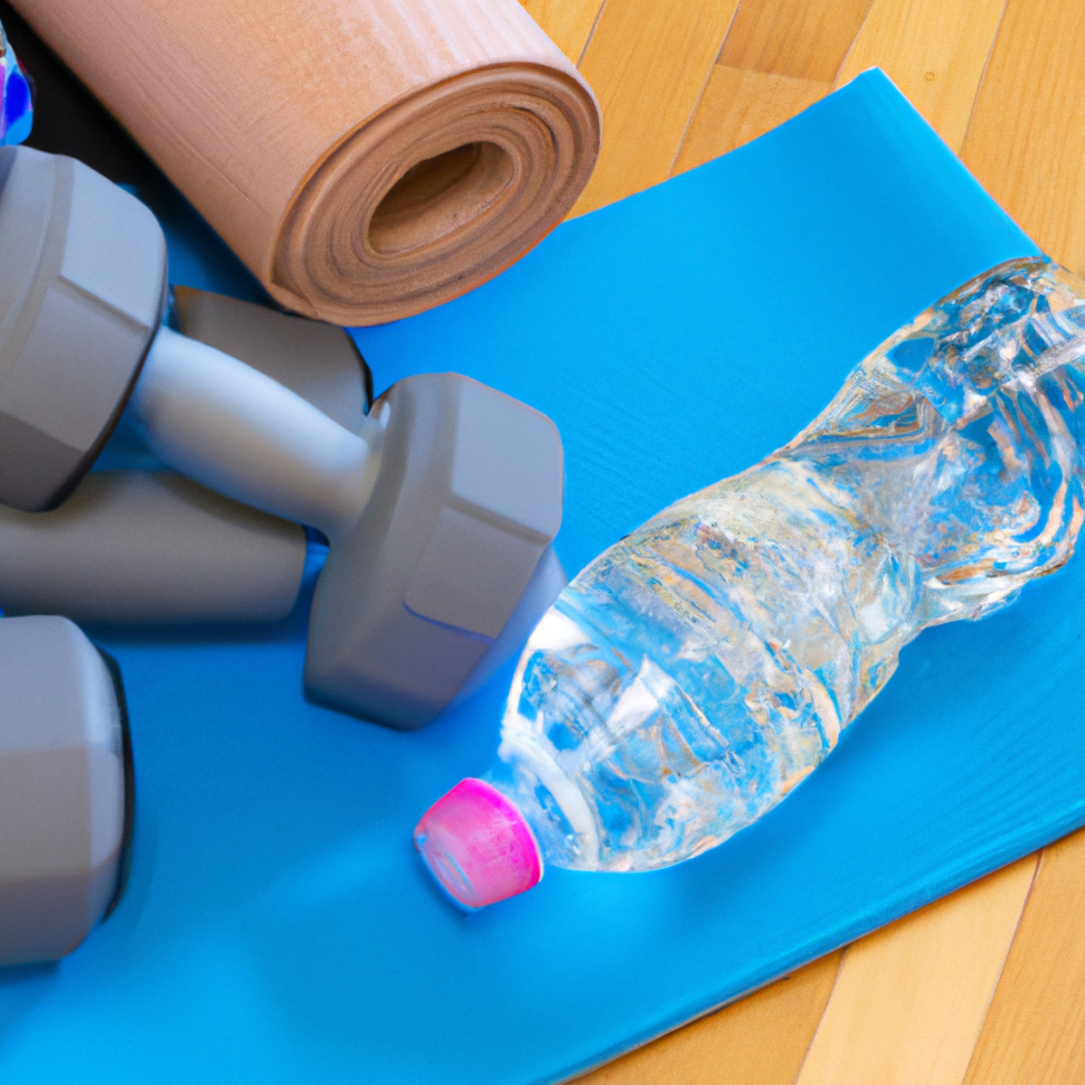 The photo shows a set of dumbbells, a yoga mat, and a water bottle arranged neatly on a wooden floor, indicating a readiness for virtual fitness classes. The dumbbells are of different weights, ranging from light to heavy, and are placed on either side of the yoga mat. The mat is rolled out and ready for use, with a small towel placed on top. The water bottle is positioned next to the mat, indicating that the person using the equipment is prepared for a workout, possibly in the context of virtual fitness classes. The lighting in the photo is bright and natural, giving the impression that the person is working out in a well-lit room. The overall composition of the photo is clean and organized, suggesting that the person using the equipment is disciplined and focused on their fitness goals, perhaps with the guidance of virtual fitness classes.
