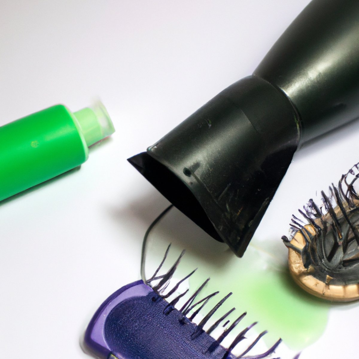 Hair care tools and products on white background, highlighting hair care myths and potential damage from coloring.