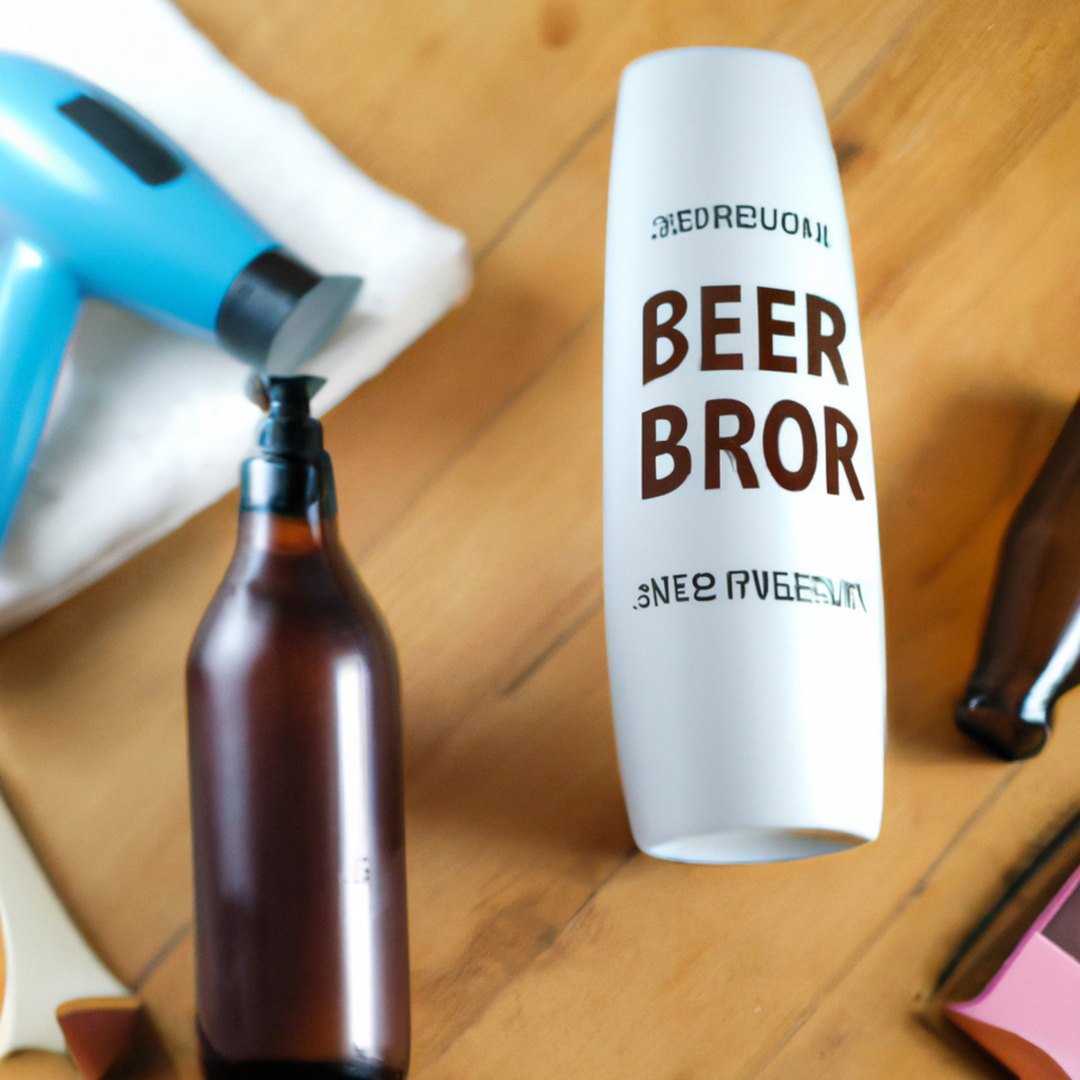 Hair care products and a bottle of beer on a wooden table.