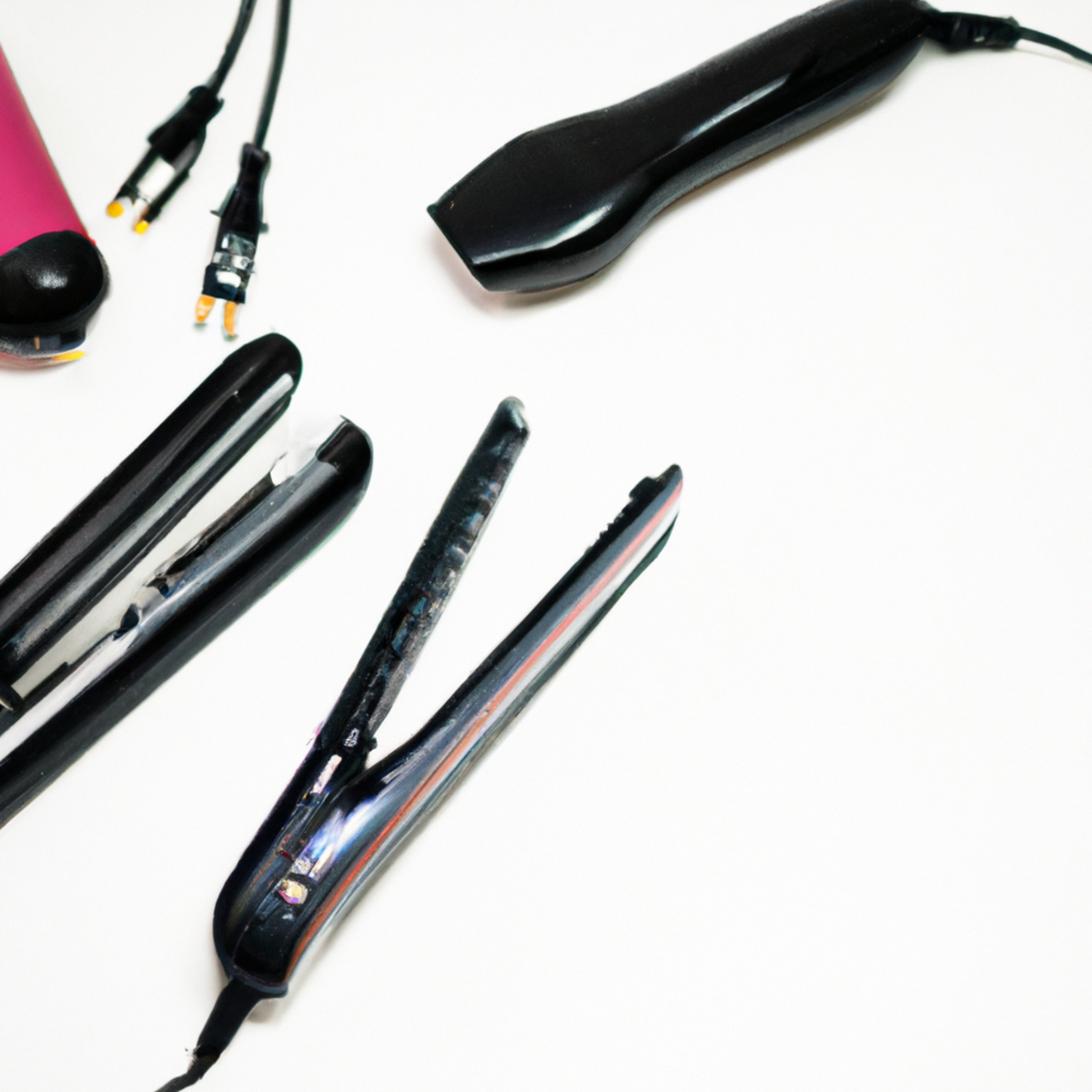 Sleek and modern hair styling tools arranged neatly on white background, conveying transformative power for hair care.