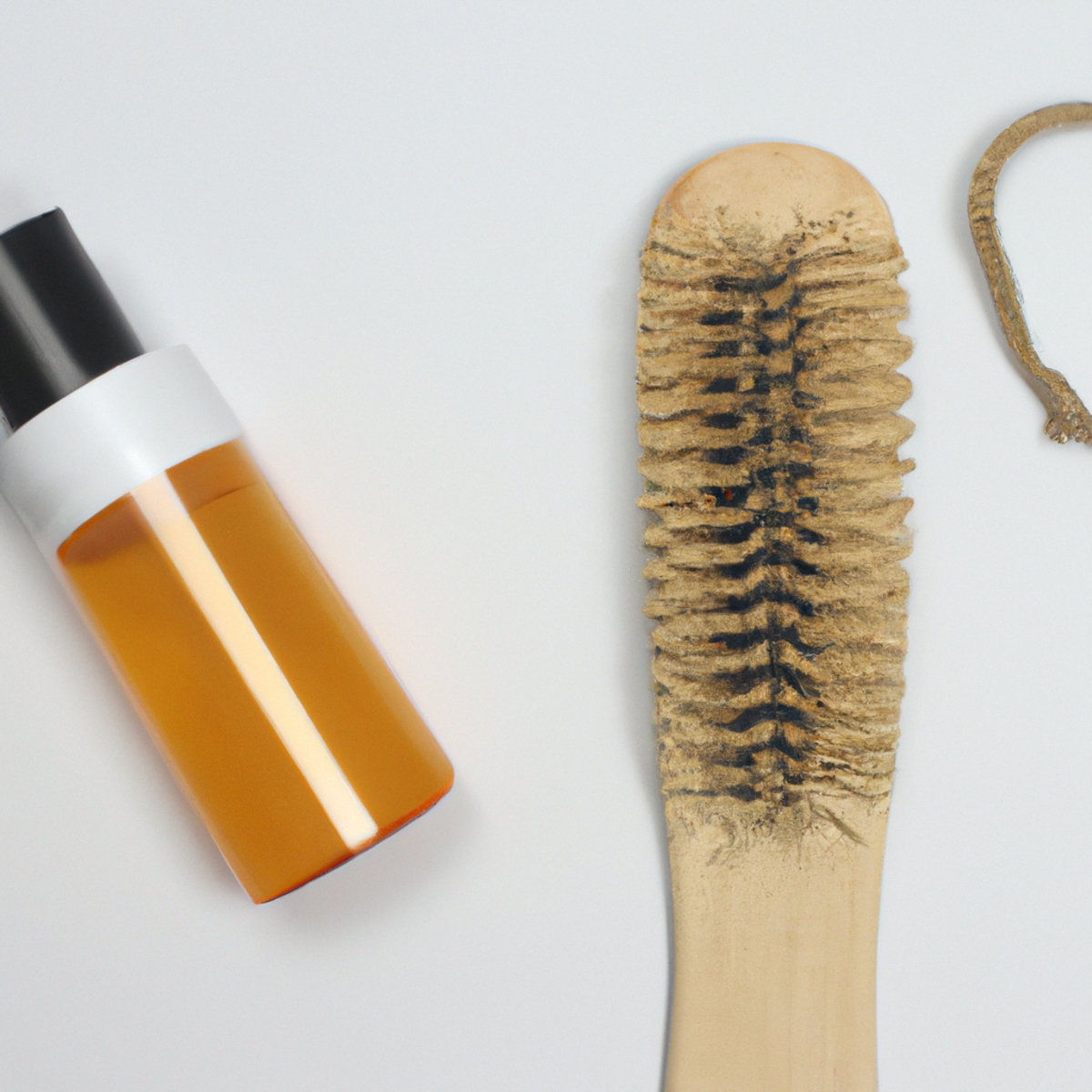 Hair care essentials: wooden brush, hair oil, and hair tie.