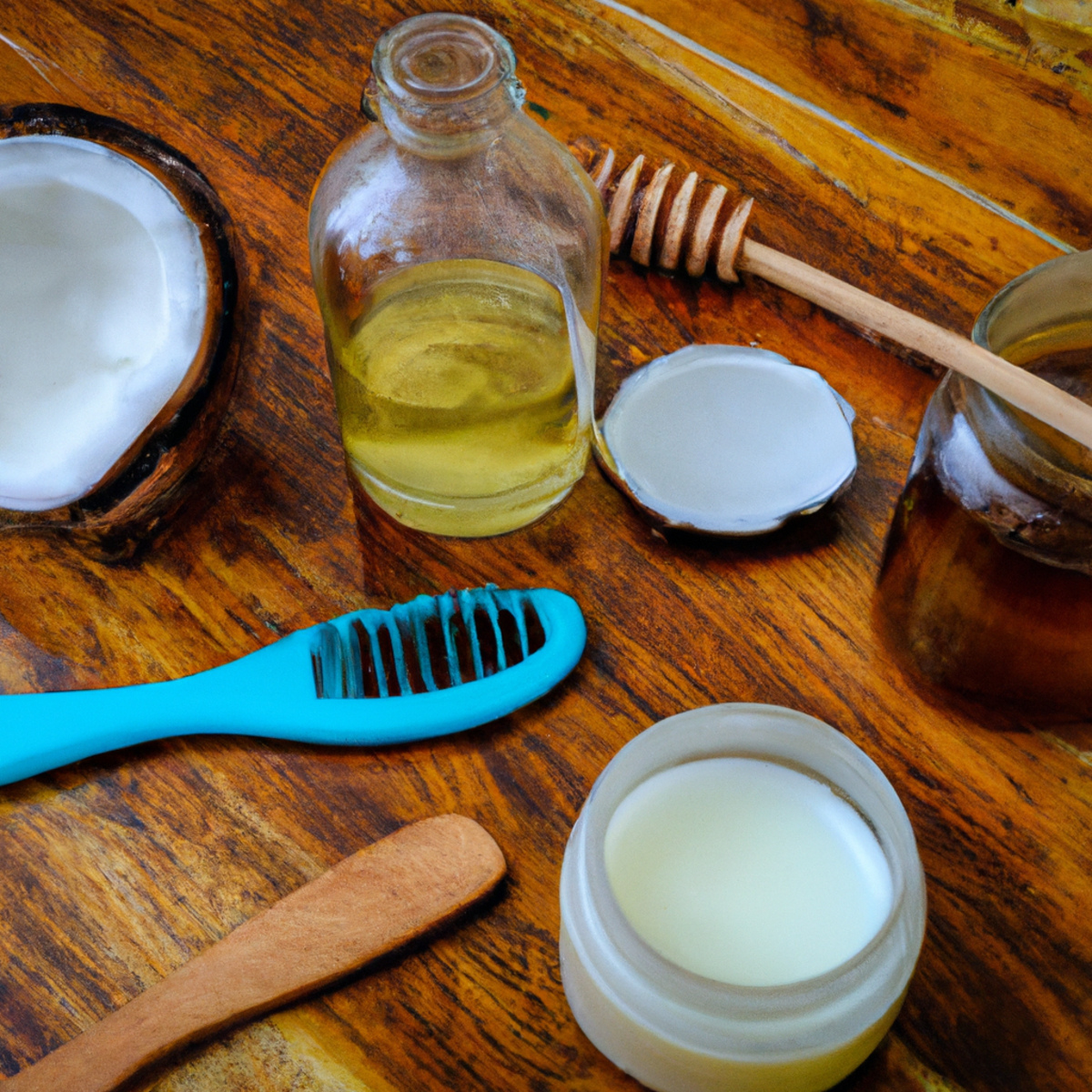 DIY hair care items on a wooden table, including coconut oil, argan oil, honey, mashed avocado, and rosemary.