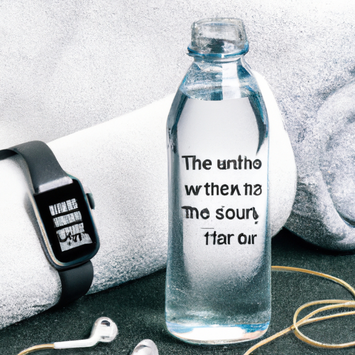 The photo features a sleek fitness tracker watch, a pair of wireless earbuds, and a water bottle placed on a gym towel. The watch, specifically designed for Fitness Apps and Wearables, displays the user's heart rate and step count, while the earbuds are connected to a smartphone displaying a fitness app. The water bottle is labeled with motivational quotes to keep the user hydrated during their workout. The background shows a gym with weights and exercise equipment, emphasizing the importance of incorporating technology into a fitness routine.