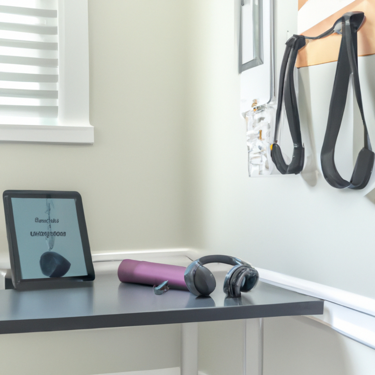 The photo captures a sleek and modern home gym setup, complete with a yoga mat, resistance bands, and dumbbells neatly arranged on a shelf. In the foreground, a tablet displaying a virtual fitness class is propped up on a stand, with a pair of wireless headphones nearby. The lighting is bright and natural, creating an inviting and energizing atmosphere. The attention to detail in the arrangement of the objects suggests a deliberate and thoughtful approach to fitness, with technology seamlessly integrated into the workout routine.