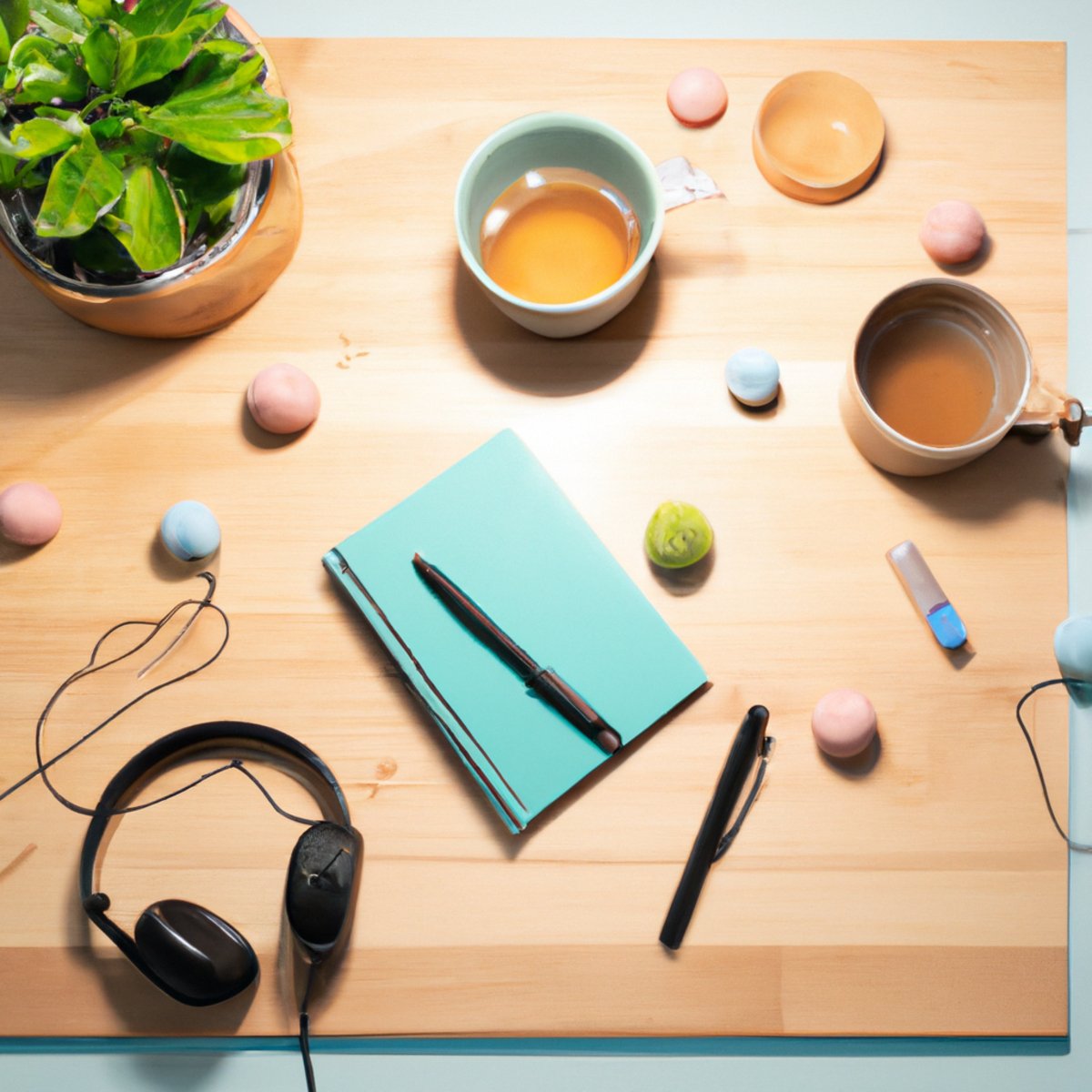 Organized desk with tea, notebook, stress ball, headphones, and plant, promoting effective stress management strategies.