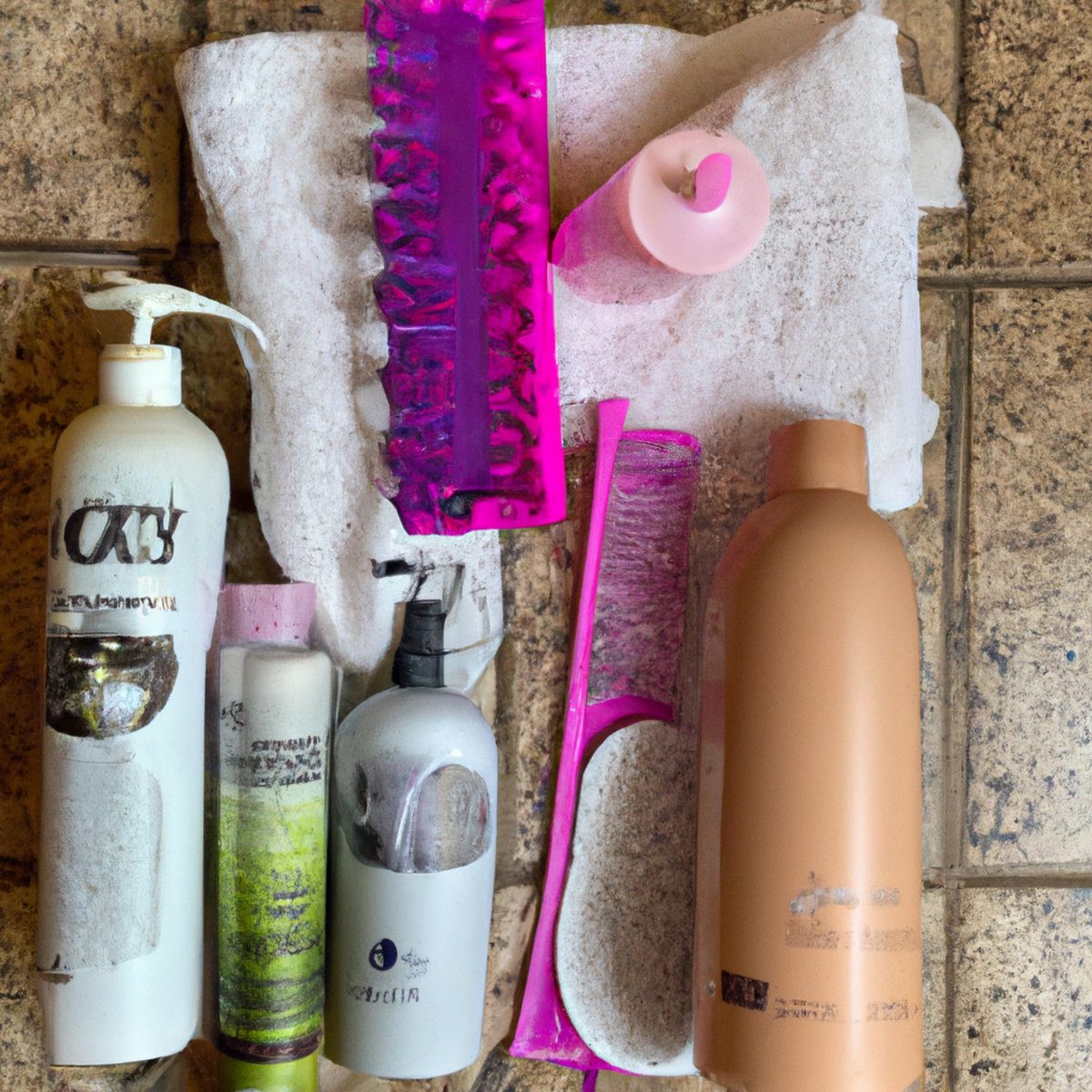 Curly haircare products, including shampoo, conditioner, styling products, comb, and diffuser attachment, on a towel.