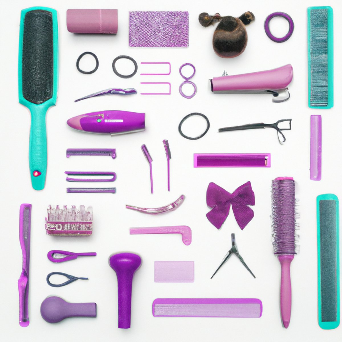 Stunning array of hair accessories on white background, showcasing tools for various hair types. Vibrant colors and intricate designs.