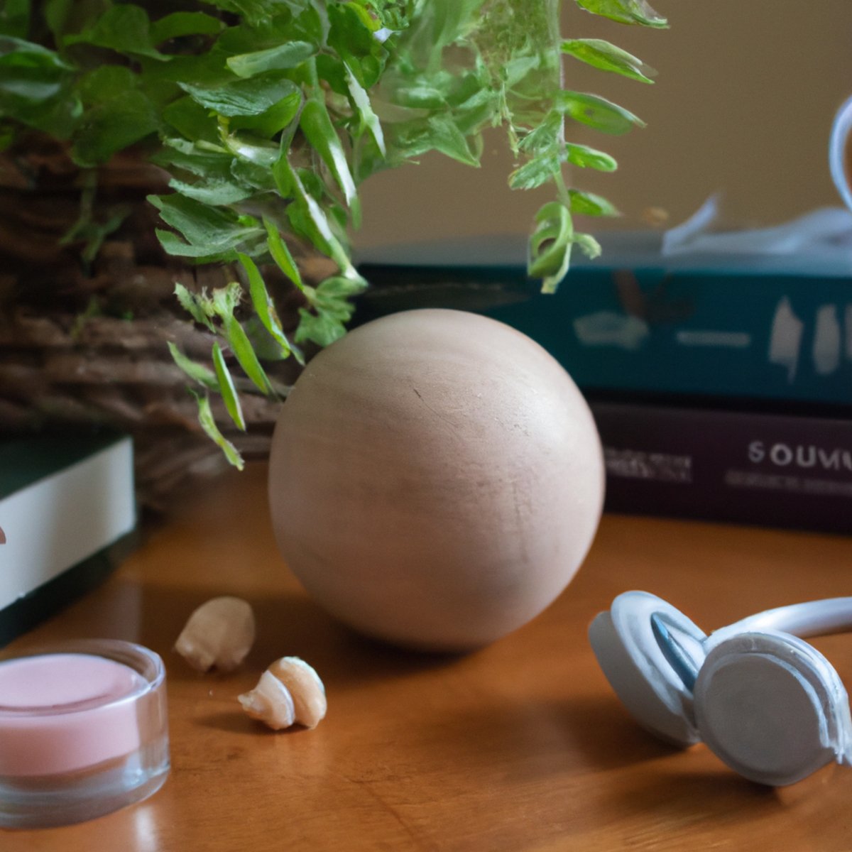 Stress Management Exercises For Relaxation - A calming scene of stress-relieving objects on a wooden table, including books, a diffuser, a stress ball, and a plant.