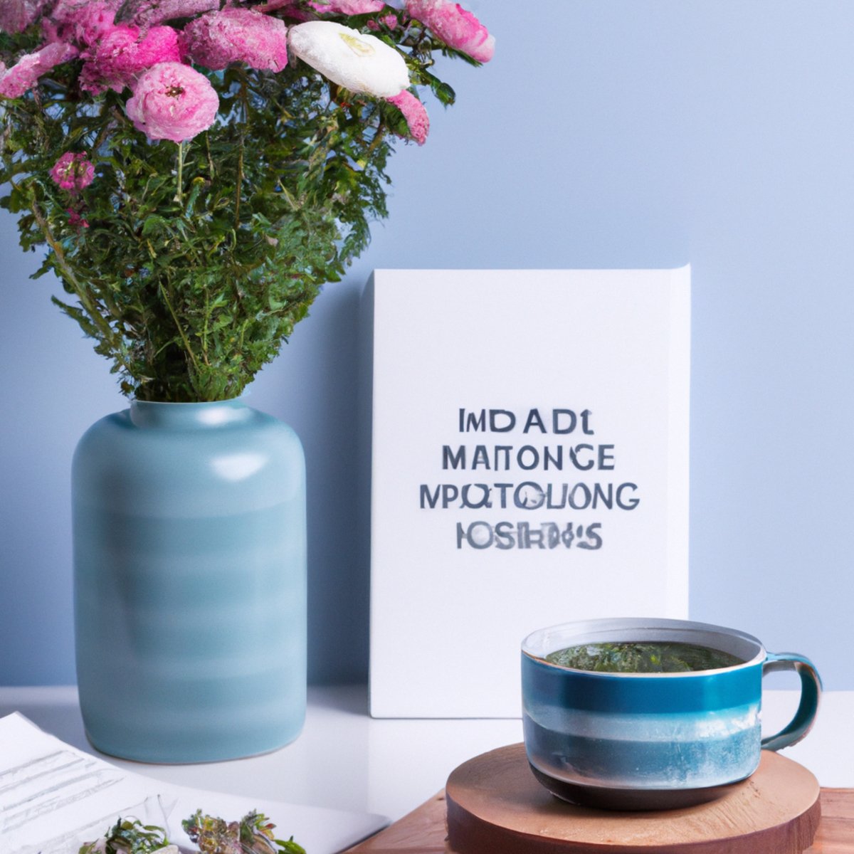 Mindfulness For Stress Reduction - A calming scene with tea, flowers, and a mindfulness book on a wooden table.