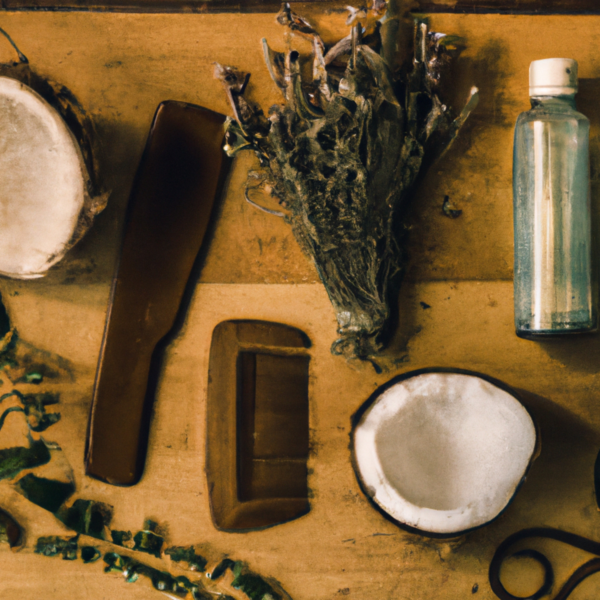 DIY hair care essentials on a wooden table, including coconut oil, lavender, a wooden comb, and argan oil.