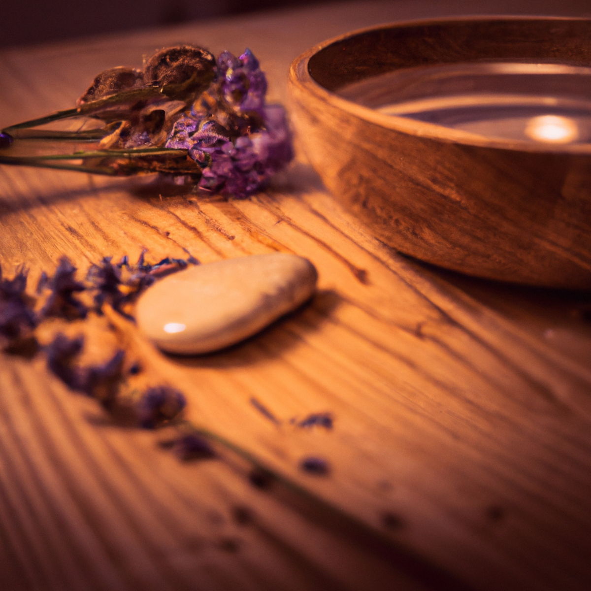 Mindfulness For Stress Reduction - Mindful arrangement of objects on wooden table with candle, stone, lavender, and water bowl with flower petals.