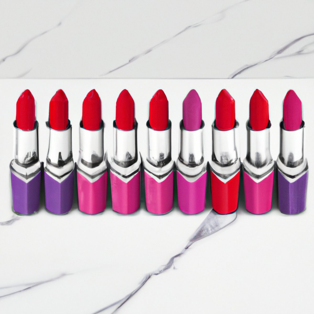 Bold lip colors - Vibrant lipsticks in fiery reds, deep purples, and electric pinks are meticulously displayed on a sleek marble countertop.